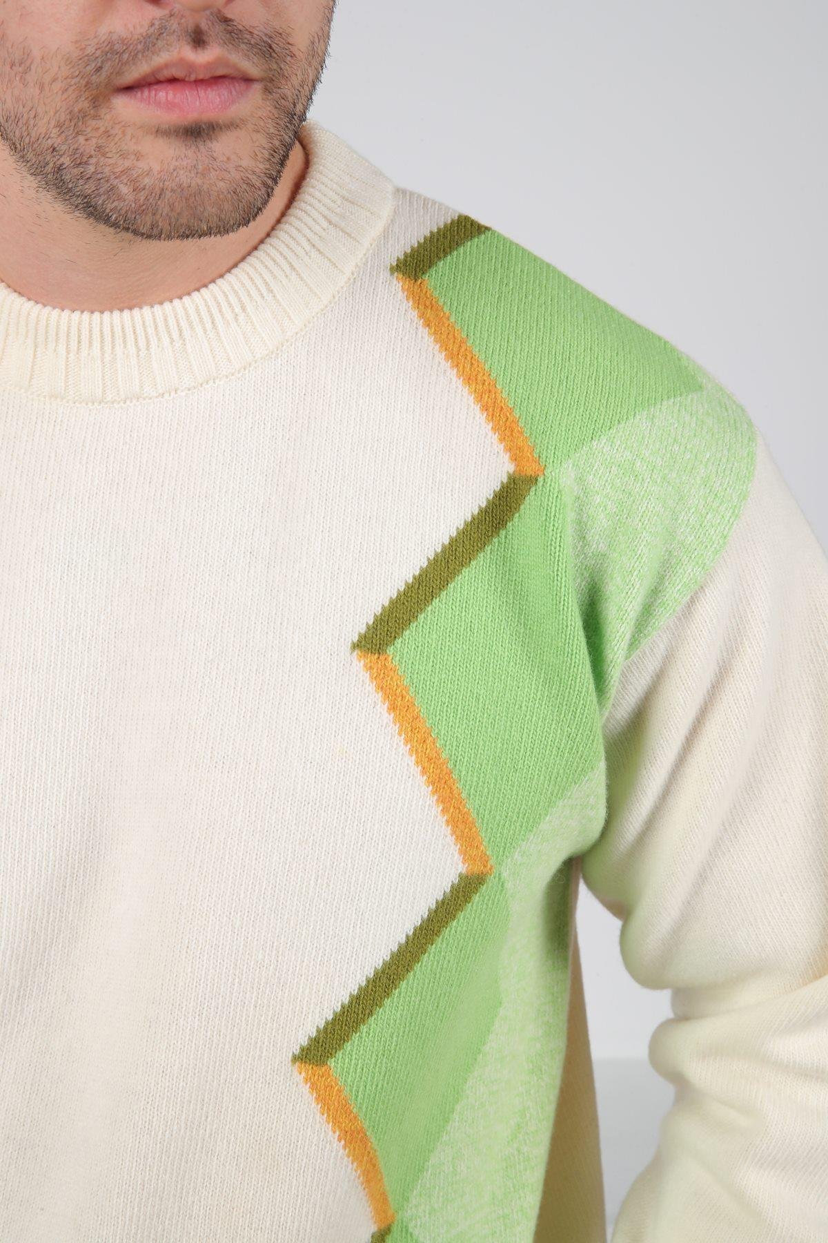 Ferraro Ekru Bisiklet Yaka Asimetrik Desenli Uzun Kollu %100 Kuzu Yünü Erkek Triko Kazak