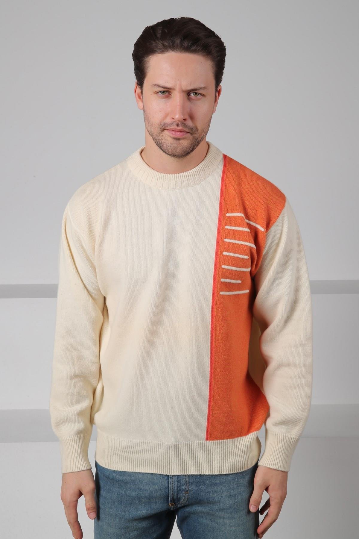 Ferraro Ekru Bisiklet Yaka Çizgi Detaylı Uzun Kollu %100 Kuzu Yünü Erkek Triko Kazak