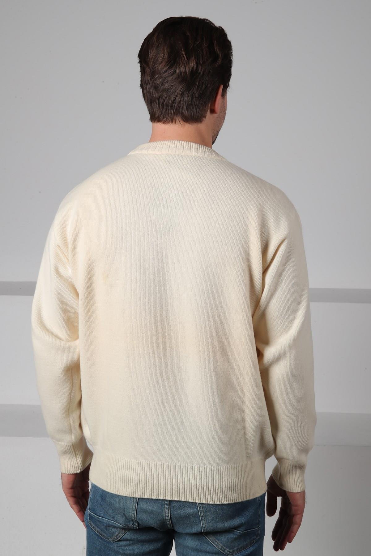Ferraro Ekru Bisiklet Yaka Çizgi Detaylı Uzun Kollu %100 Kuzu Yünü Erkek Triko Kazak