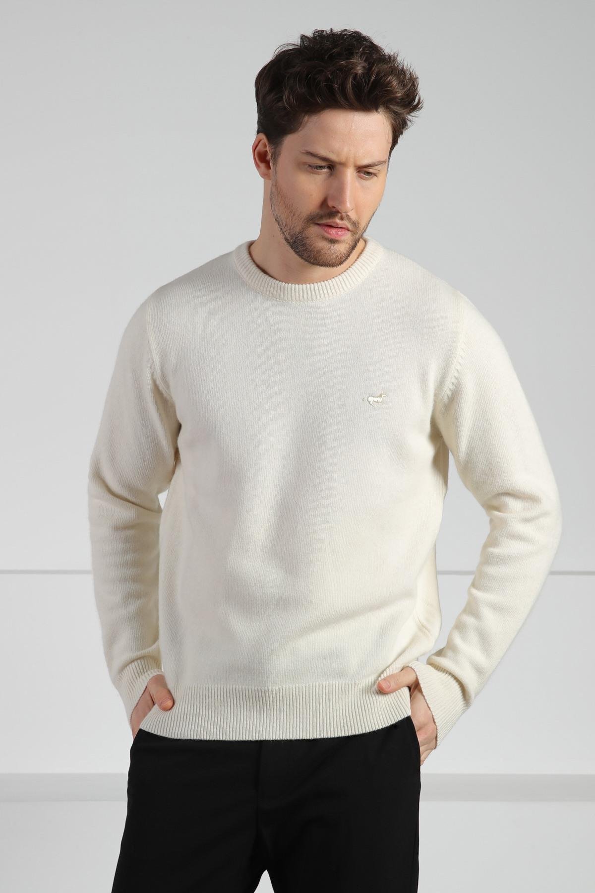 Ferraro Ekru Bisiklet Yaka Erkek Uzun Kollu %100 Kuzu Yünü Triko Kazak