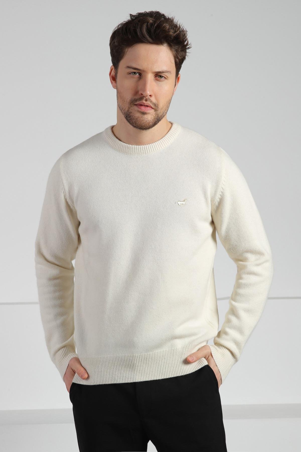 Ferraro Ekru Bisiklet Yaka Erkek Uzun Kollu %100 Kuzu Yünü Triko Kazak