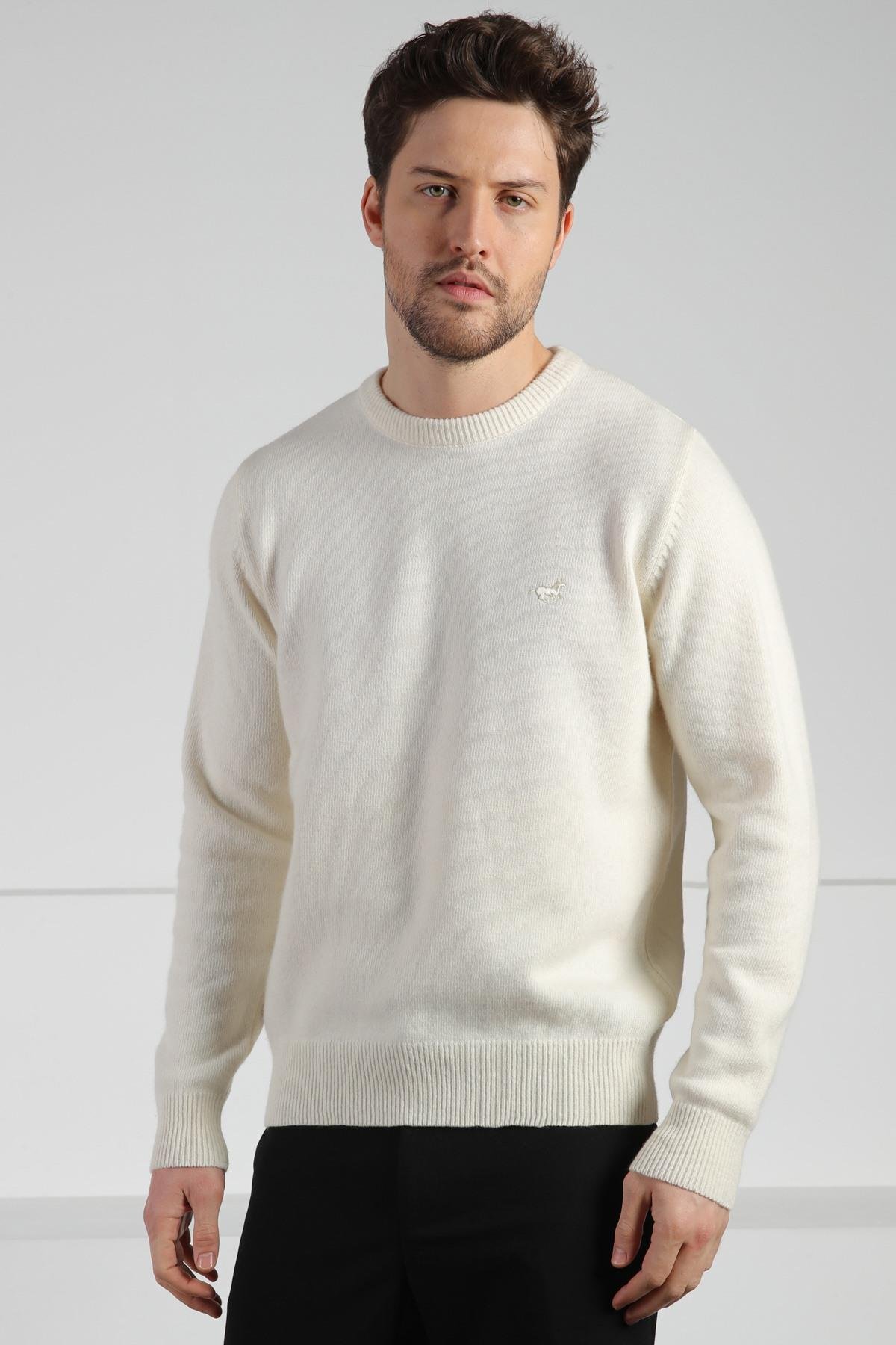 Ferraro Ekru Bisiklet Yaka Erkek Uzun Kollu %100 Kuzu Yünü Triko Kazak
