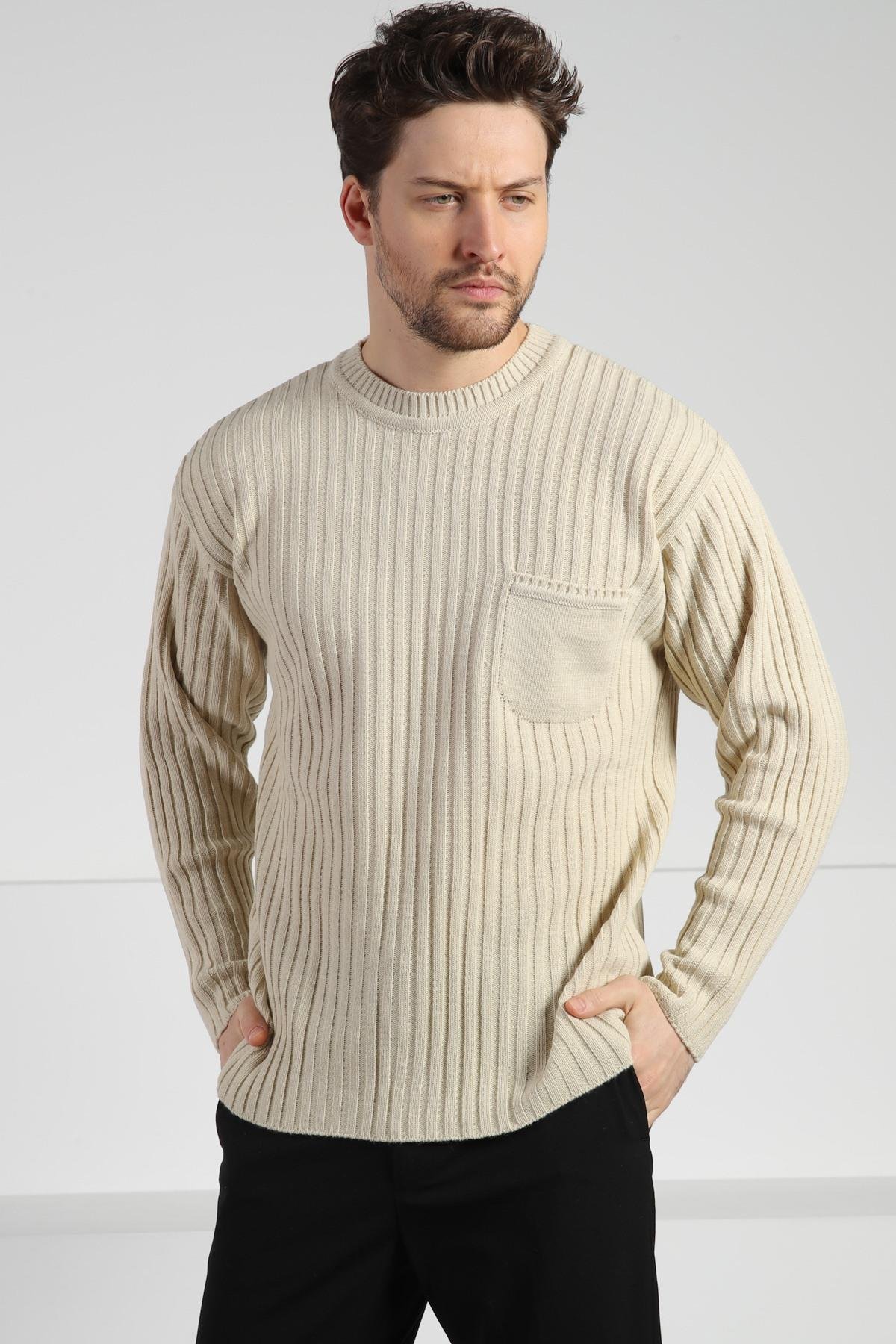 Ferraro Ekru Bisiklet Yaka Erkek Uzun Kollu Yünlü Triko Kazak