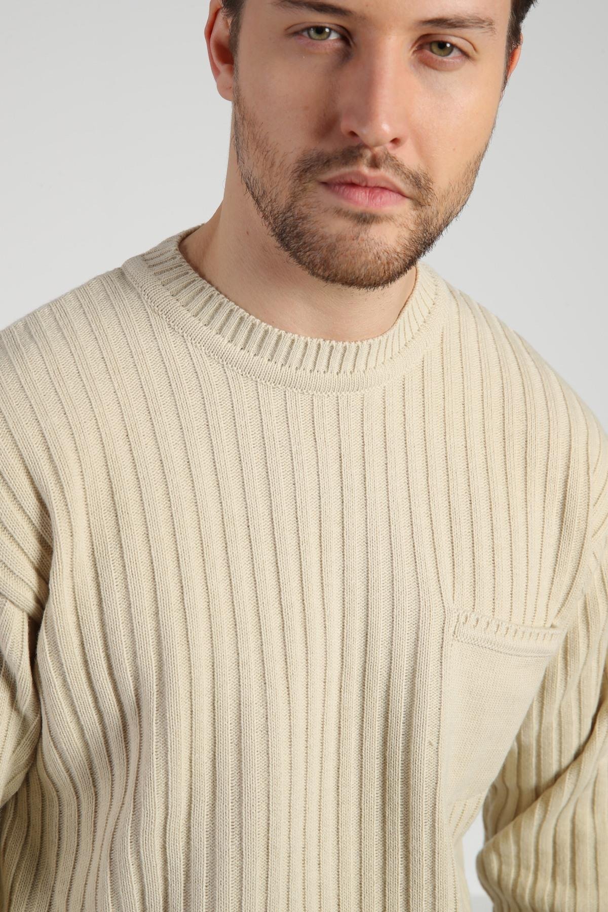 Ferraro Ekru Bisiklet Yaka Erkek Uzun Kollu Yünlü Triko Kazak