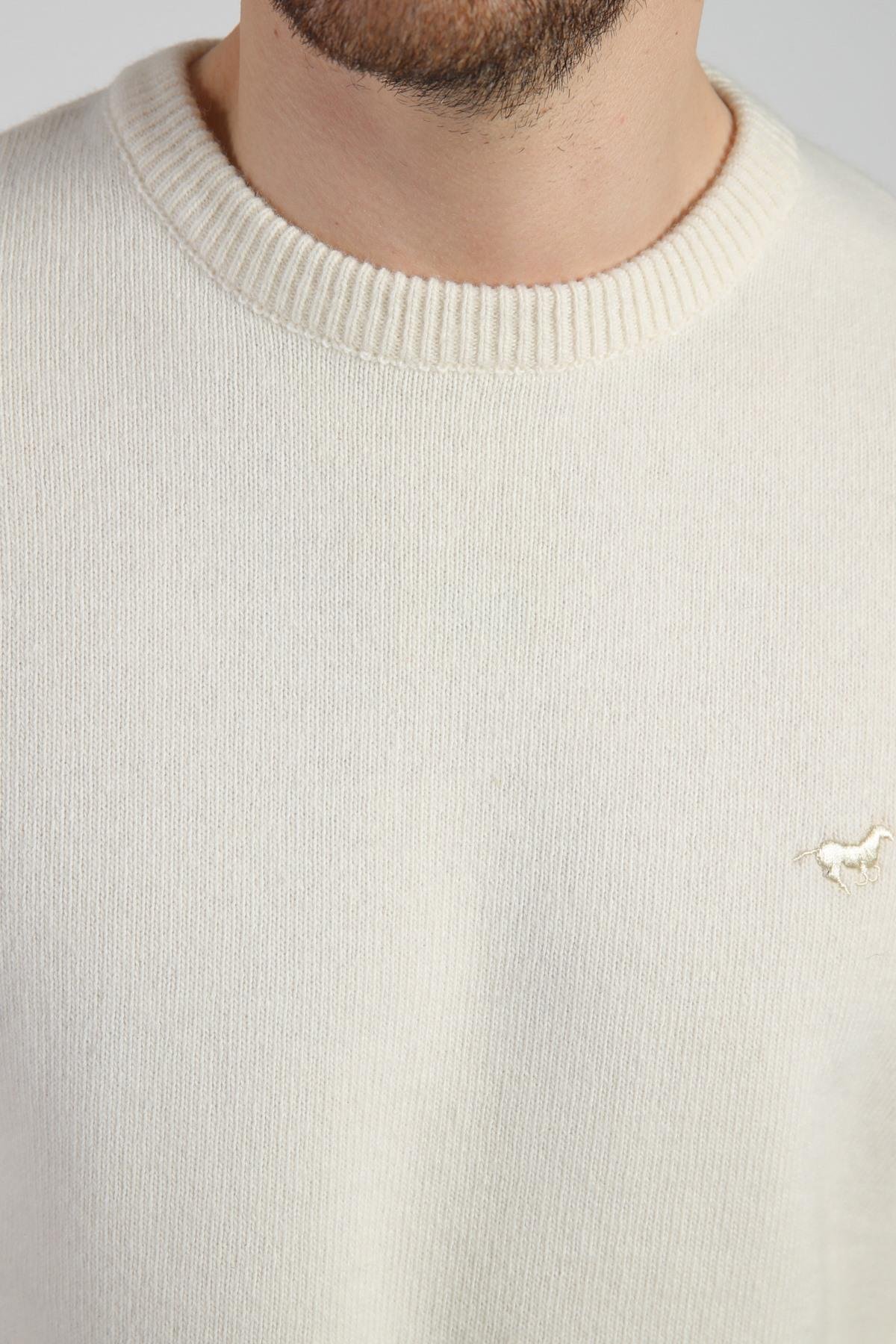 Ferraro Ekru Bisiklet Yaka Erkek Uzun Kollu %100 Kuzu Yünü Triko Kazak