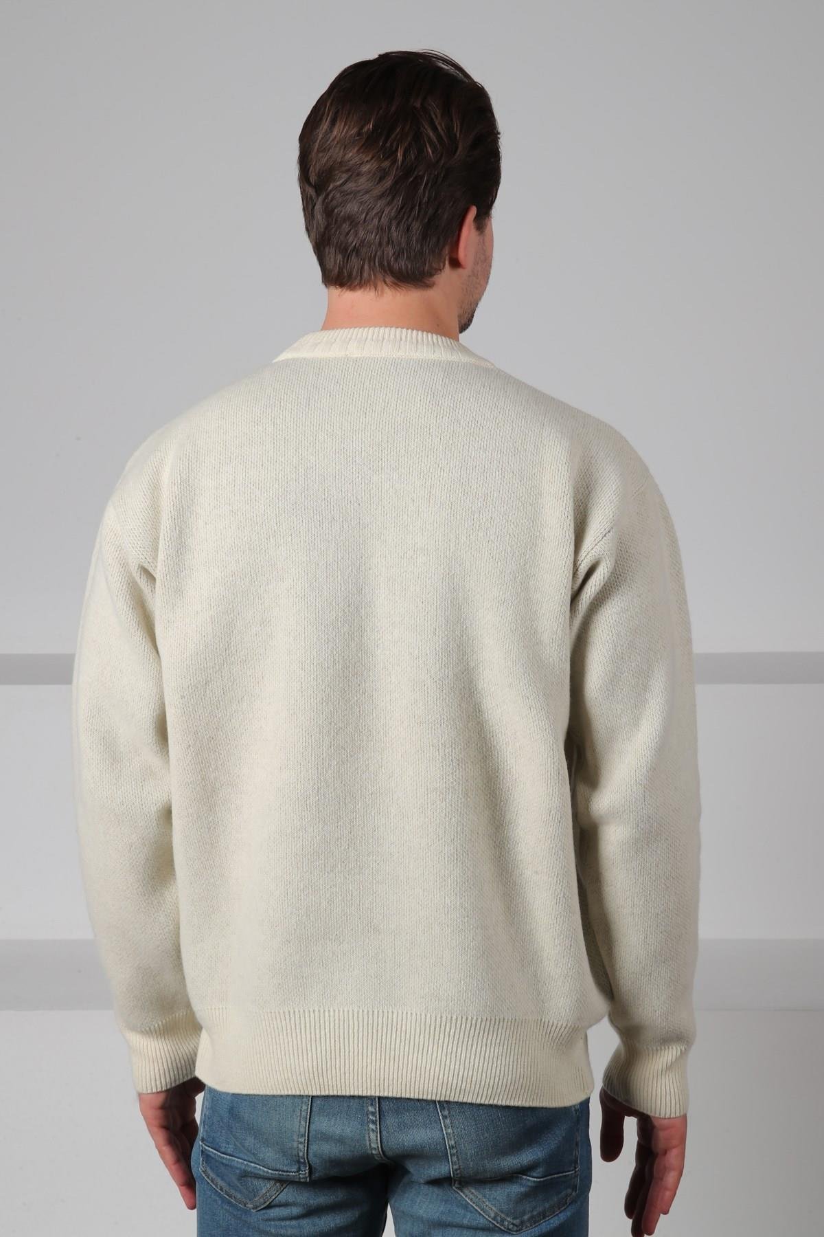 Ferraro Ekru Bisiklet Yaka Geometrik Baklava Desenli Uzun Kollu %100 Kuzu Yünü Erkek Triko Kazak