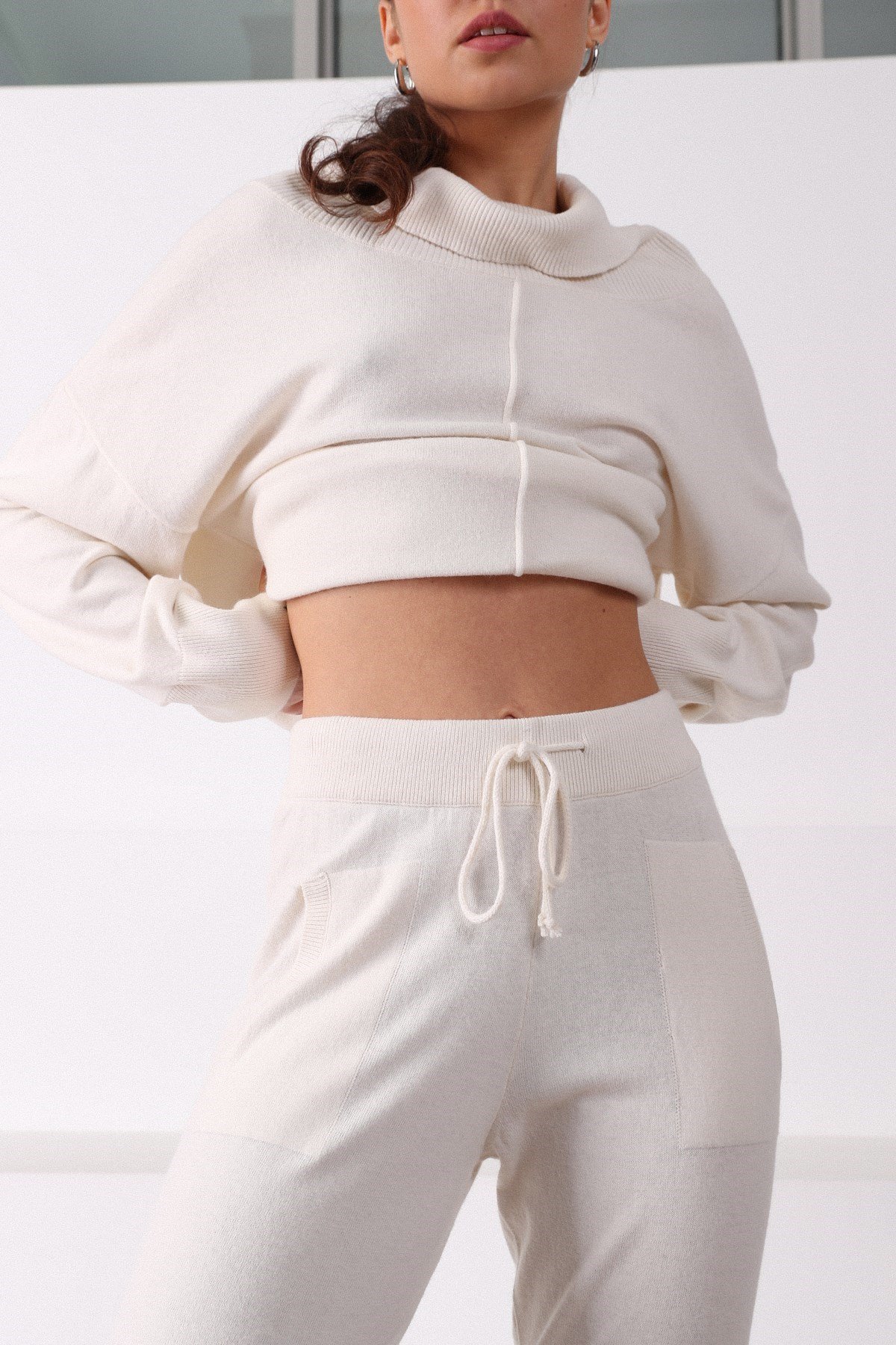 Ferraro Ekru Cepli Dar Paça Kaşmirli Kadın Triko Pantolon