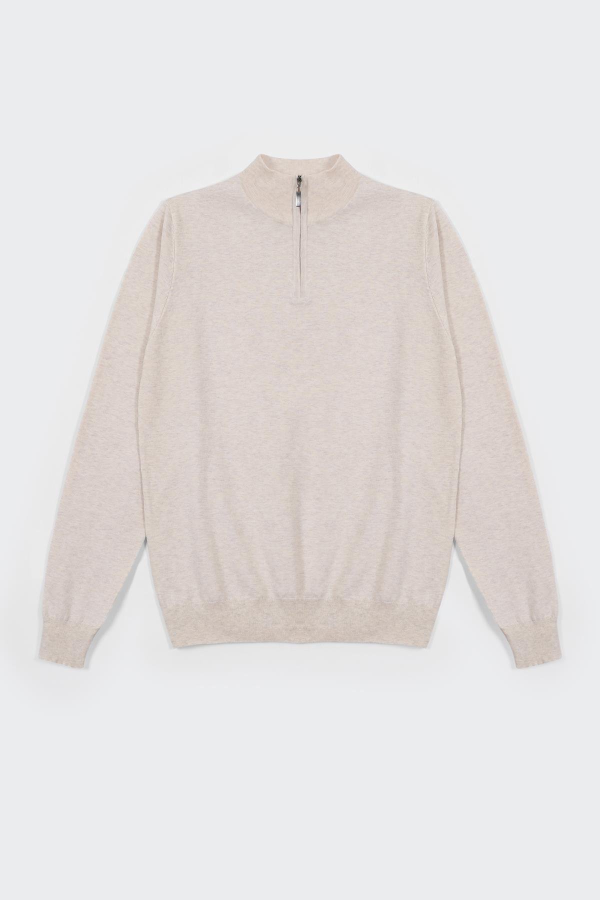 Ferraro Ekru Dik Yaka Düz Renk Pamuk Erkek Kazak