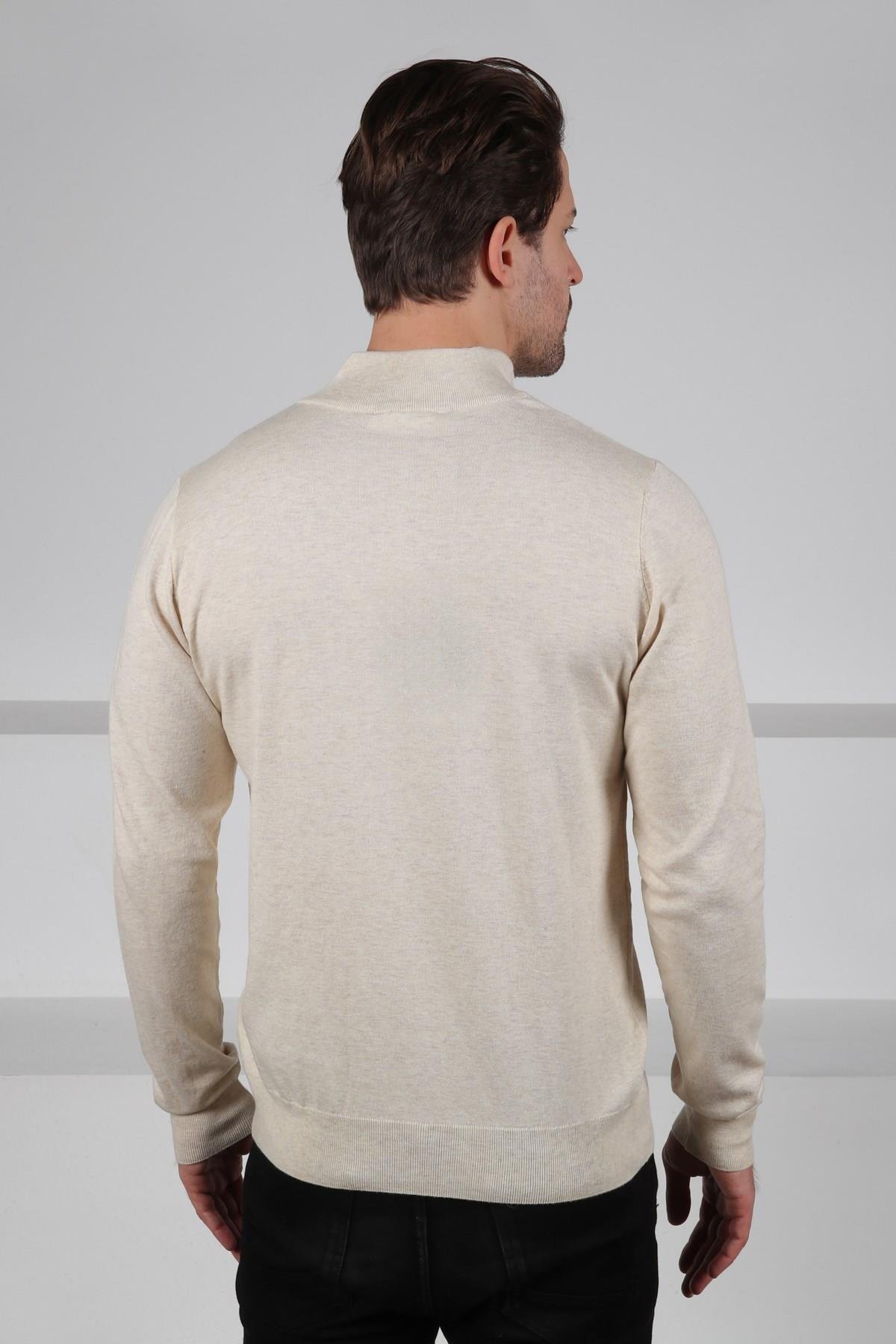 Ferraro Ekru Dik Yaka Düz Renk Pamuk Erkek Kazak