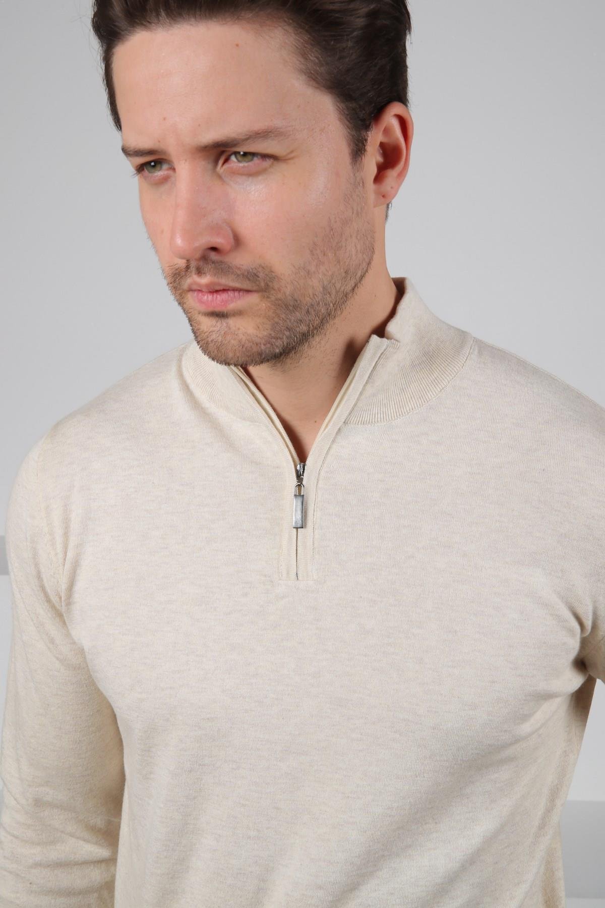 Ferraro Ekru Dik Yaka Düz Renk Pamuk Erkek Kazak