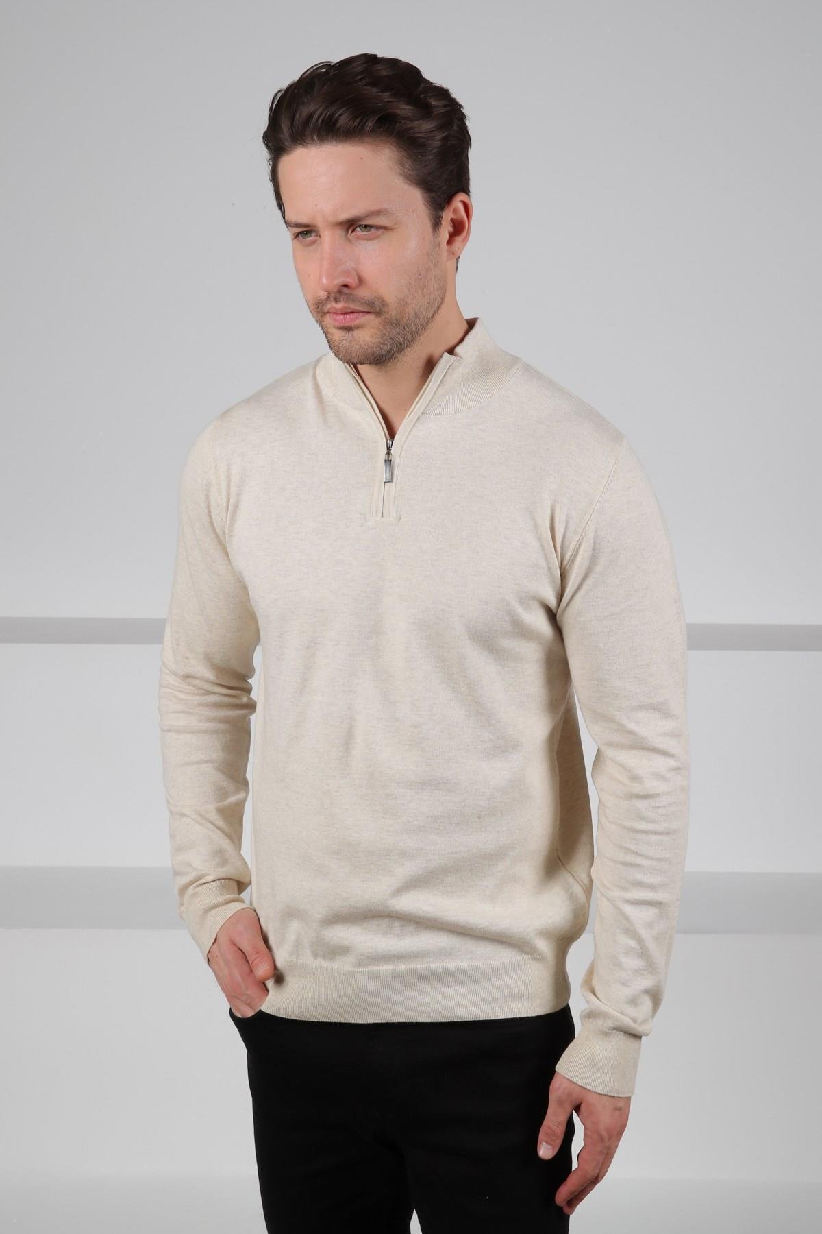 Ferraro Ekru Dik Yaka Düz Renk Pamuk Erkek Kazak