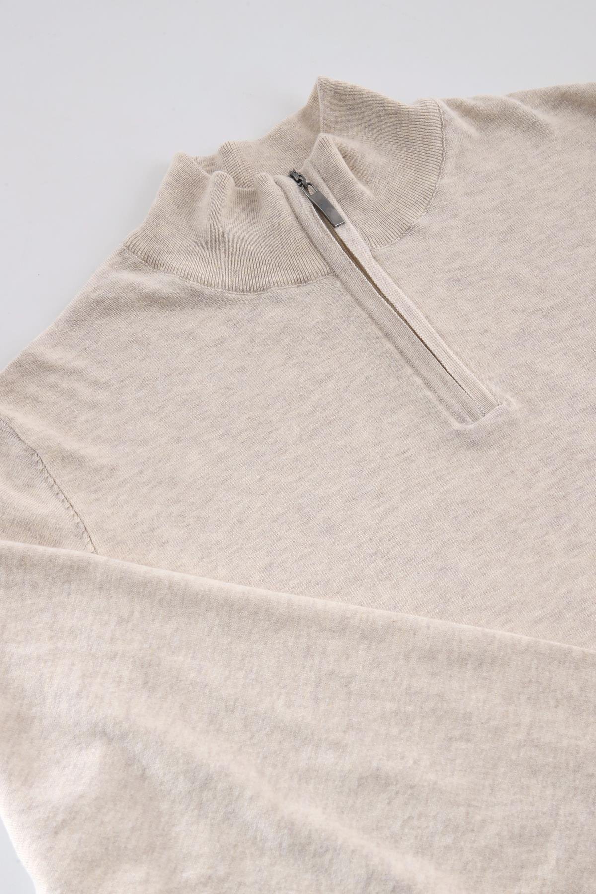 Ferraro Ekru Dik Yaka Düz Renk Pamuk Erkek Kazak