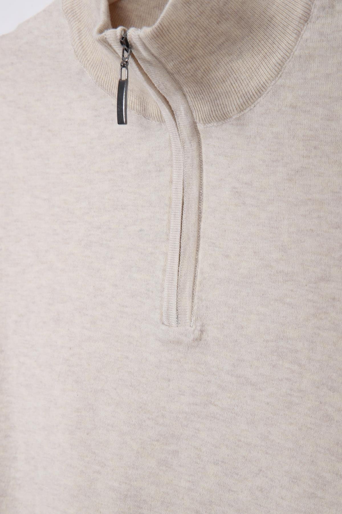 Ferraro Ekru Dik Yaka Düz Renk Pamuk Erkek Kazak