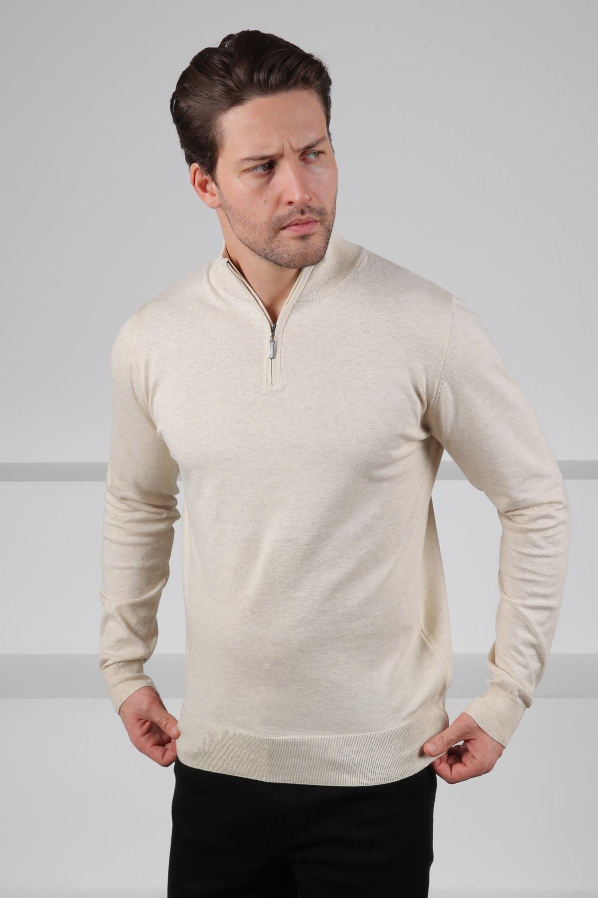 Ferraro Ekru Dik Yaka Düz Renk Pamuk Erkek Kazak