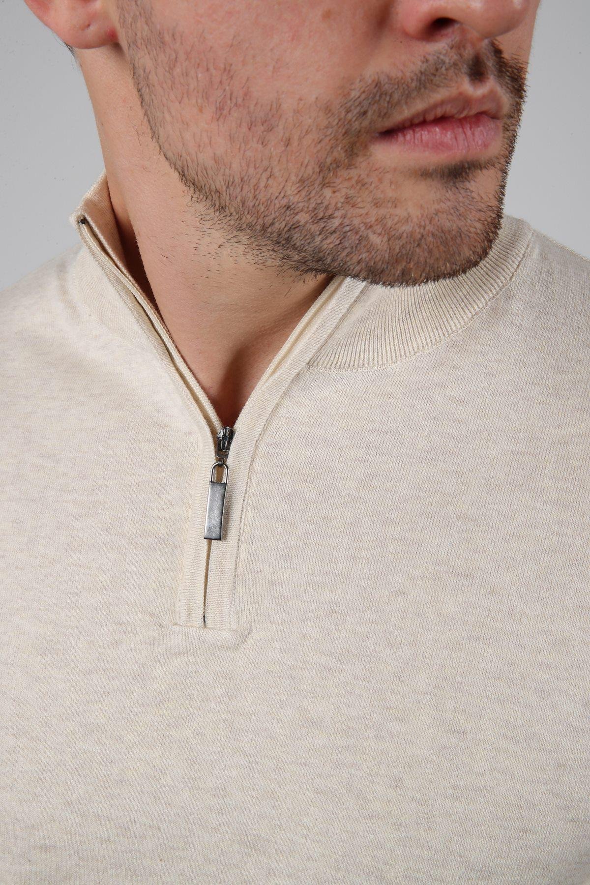 Ferraro Ekru Dik Yaka Düz Renk Pamuk Erkek Kazak