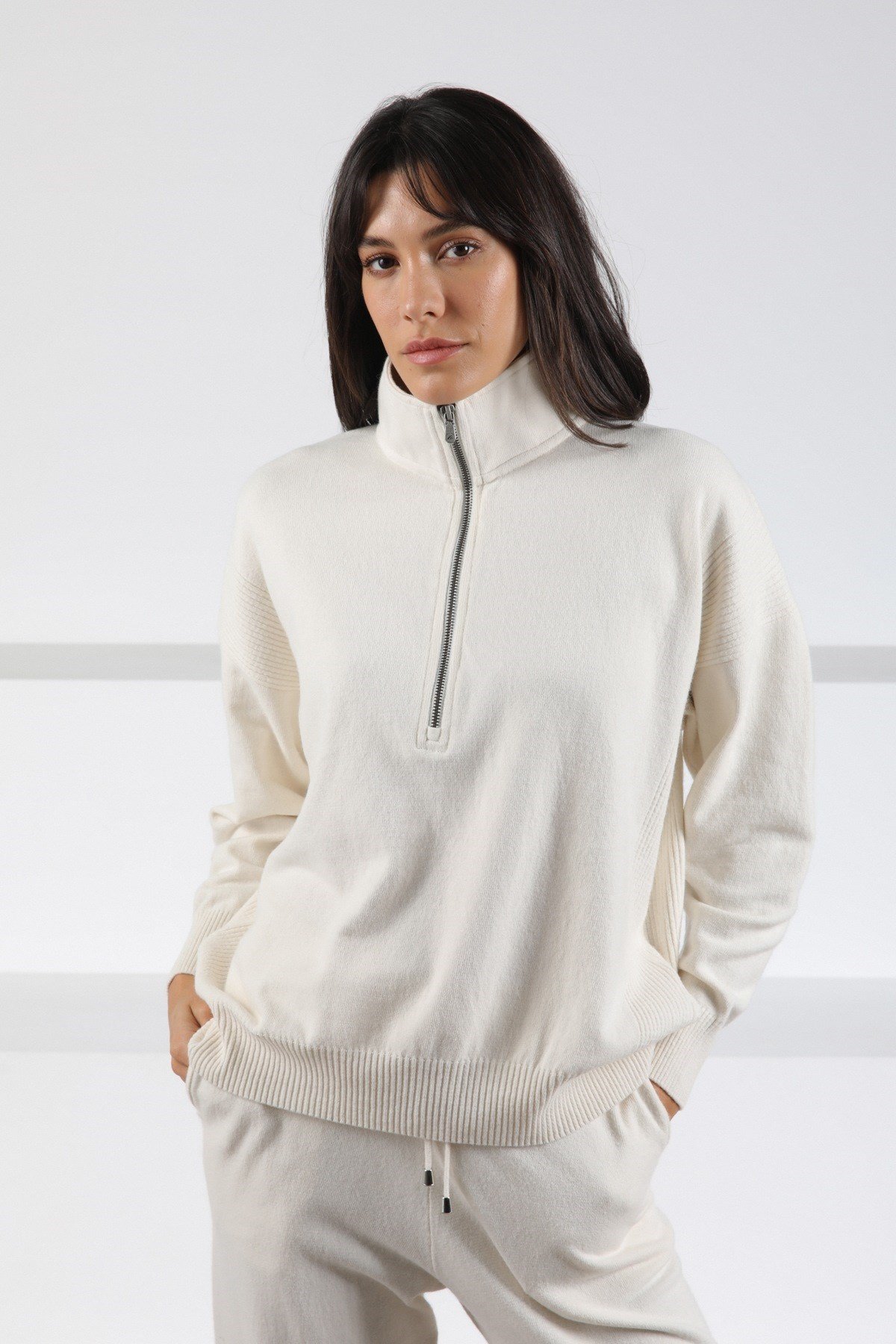 Ferraro Ekru Fermuarlı Kaşmirli Kadın Triko Kazak