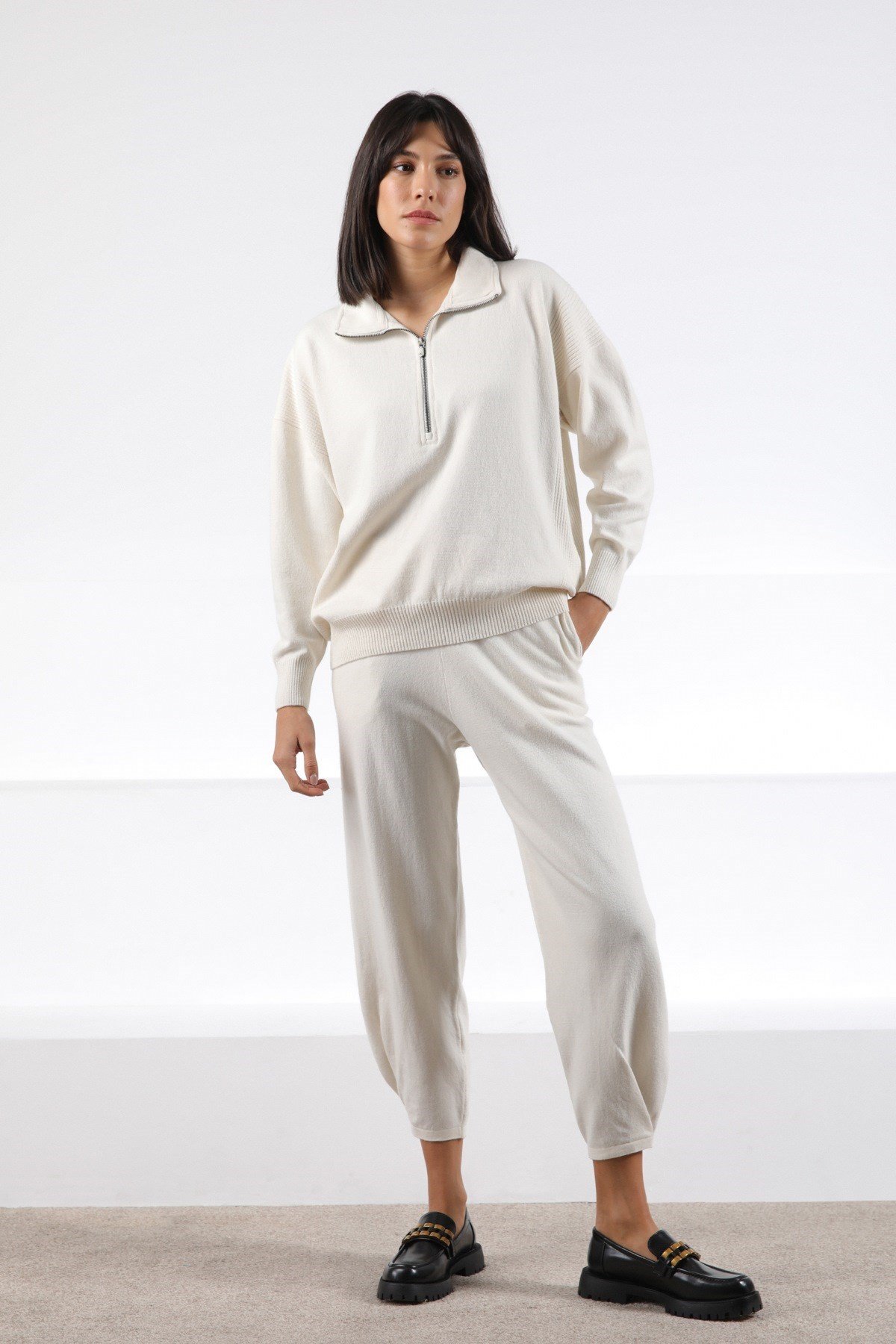 Ferraro Ekru Fermuarlı Kaşmirli Kadın Triko Kazak