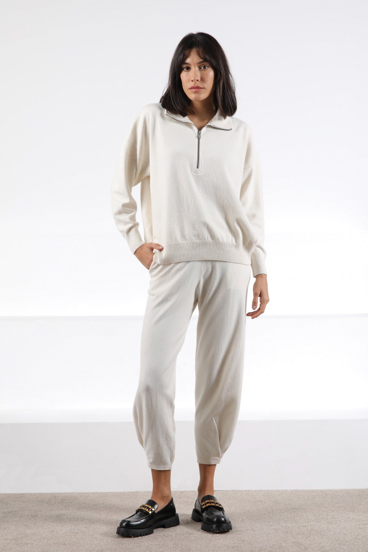 Ferraro Ekru Fermuarlı Kaşmirli Kadın Triko Kazak