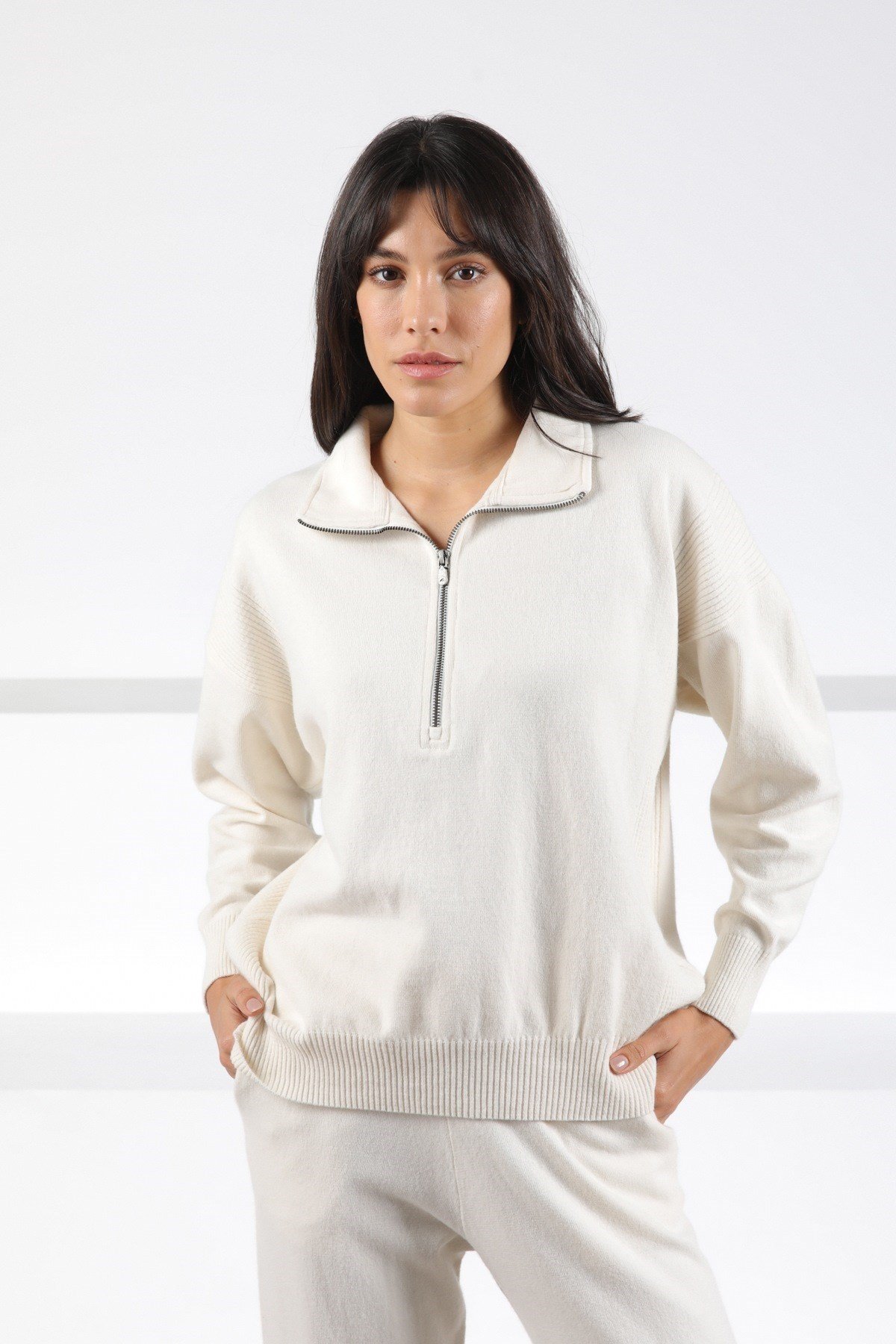 Ferraro Ekru Fermuarlı Kaşmirli Kadın Triko Kazak