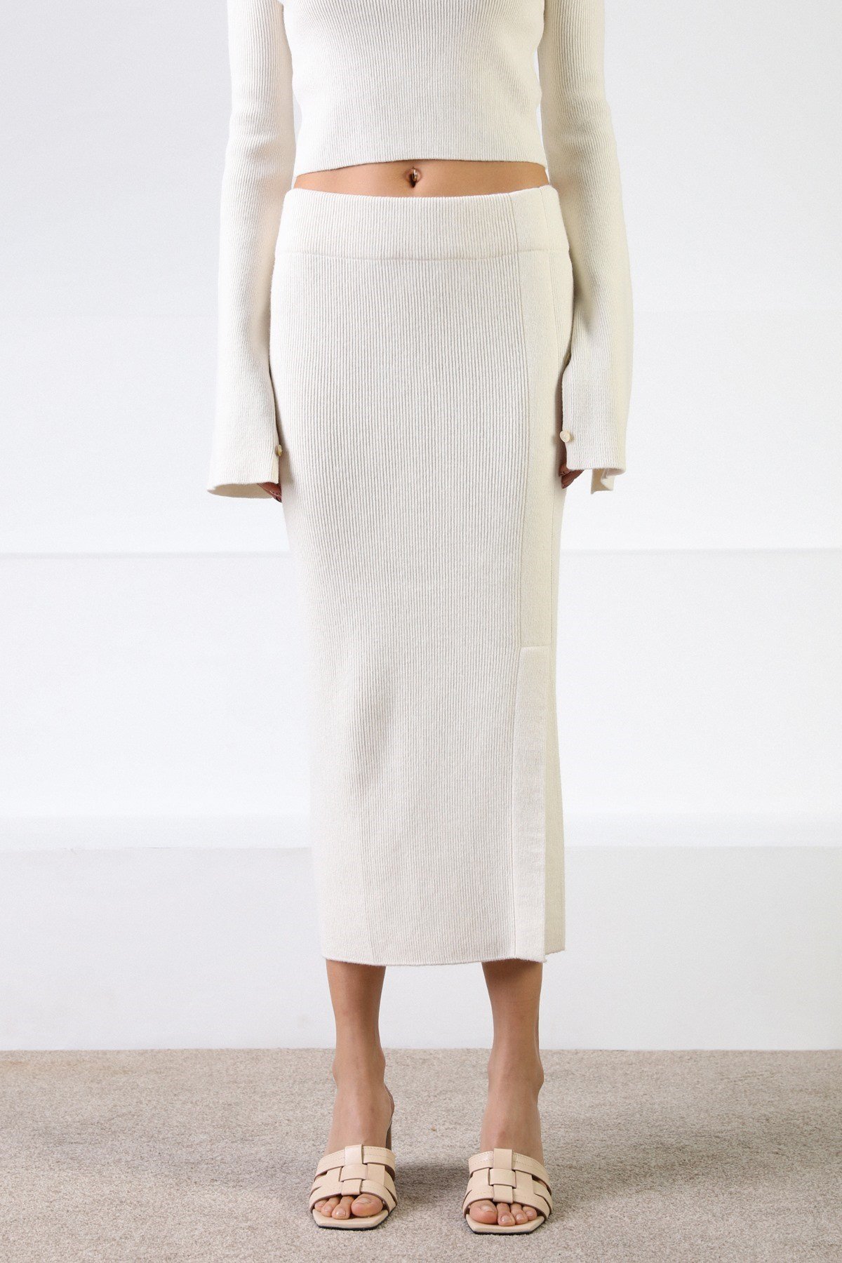 Ferraro Ekru Fitilli Kaşmirli Kadın Triko Etek