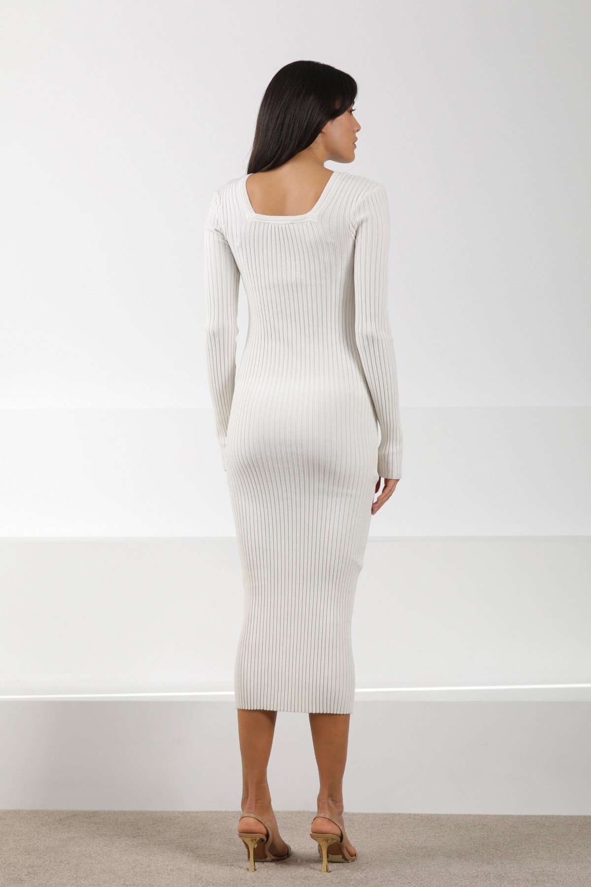 Ferraro Ekru Pencere Yaka Kadın Triko Elbise