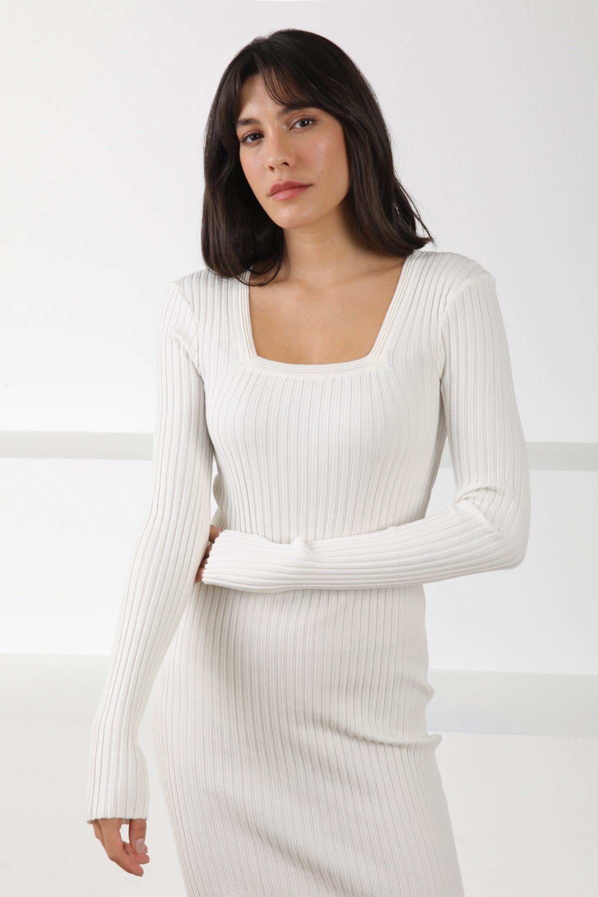 Ferraro Ekru Pencere Yaka Kadın Triko Elbise