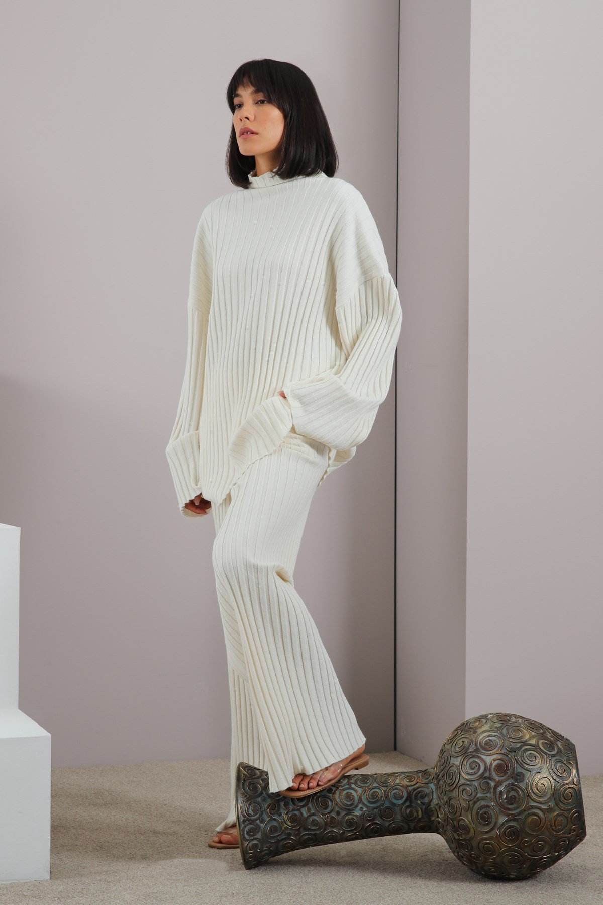 Ferraro Ekru Uzun Kollu Balıkçı Yaka Kaşmirli Kadın Triko Kazak