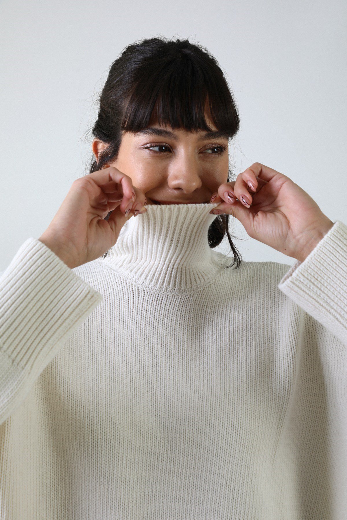 Ferraro Ekru Uzun Kollu Balıkçı Yaka Kaşmirli Kadın Triko Kazak