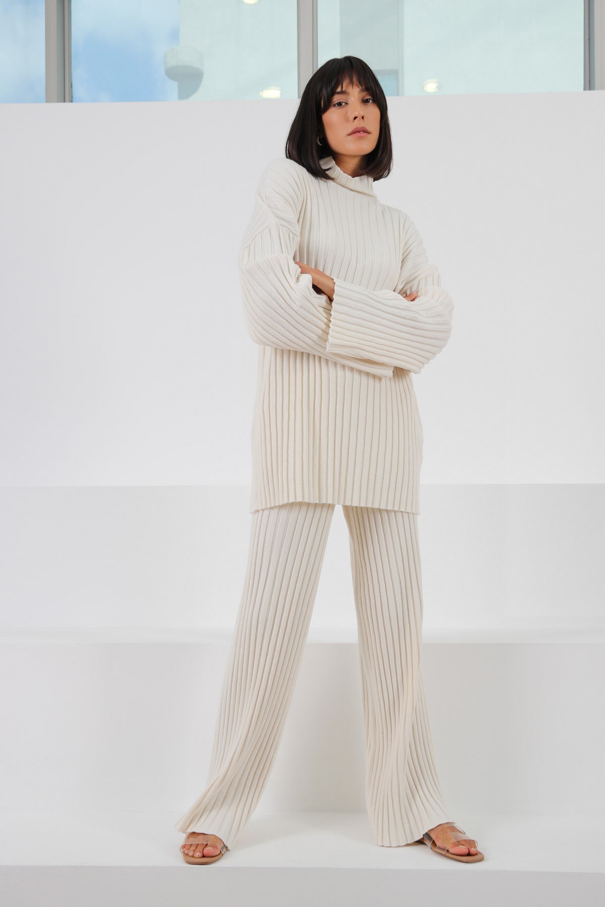 Ferraro Ekru Uzun Kollu Balıkçı Yaka Kaşmirli Kadın Triko Kazak