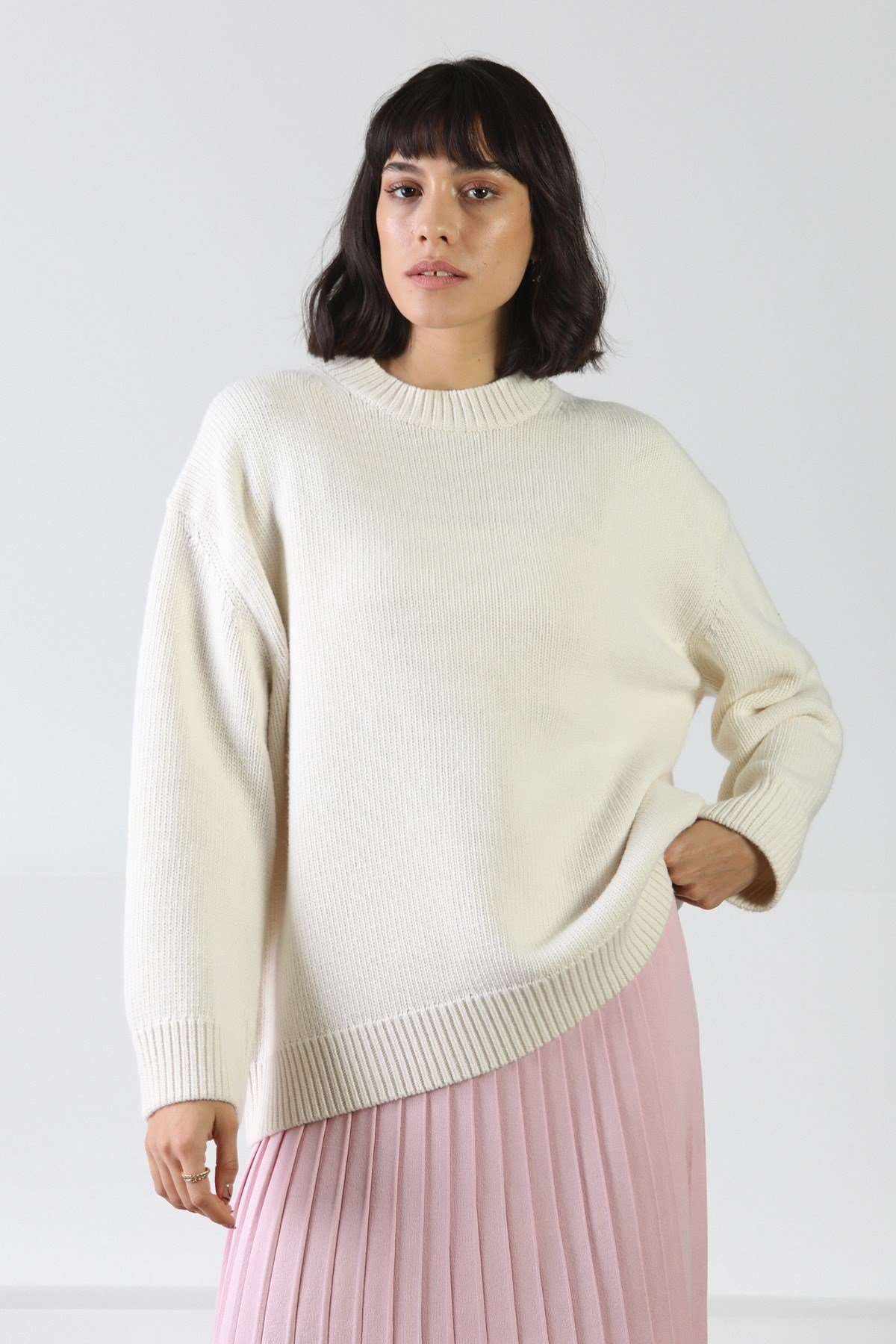 Ferraro Ekru Uzun Kollu Bisiklet Yaka Kaşmirli Kadın Triko Kazak