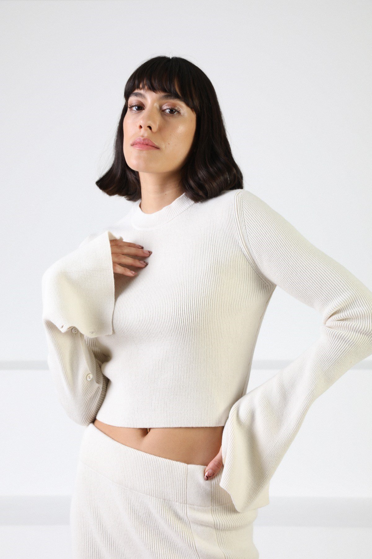 Ferraro Ekru Uzun Kollu Bisiklet Yaka Kaşmirli Kadın Triko Kazak