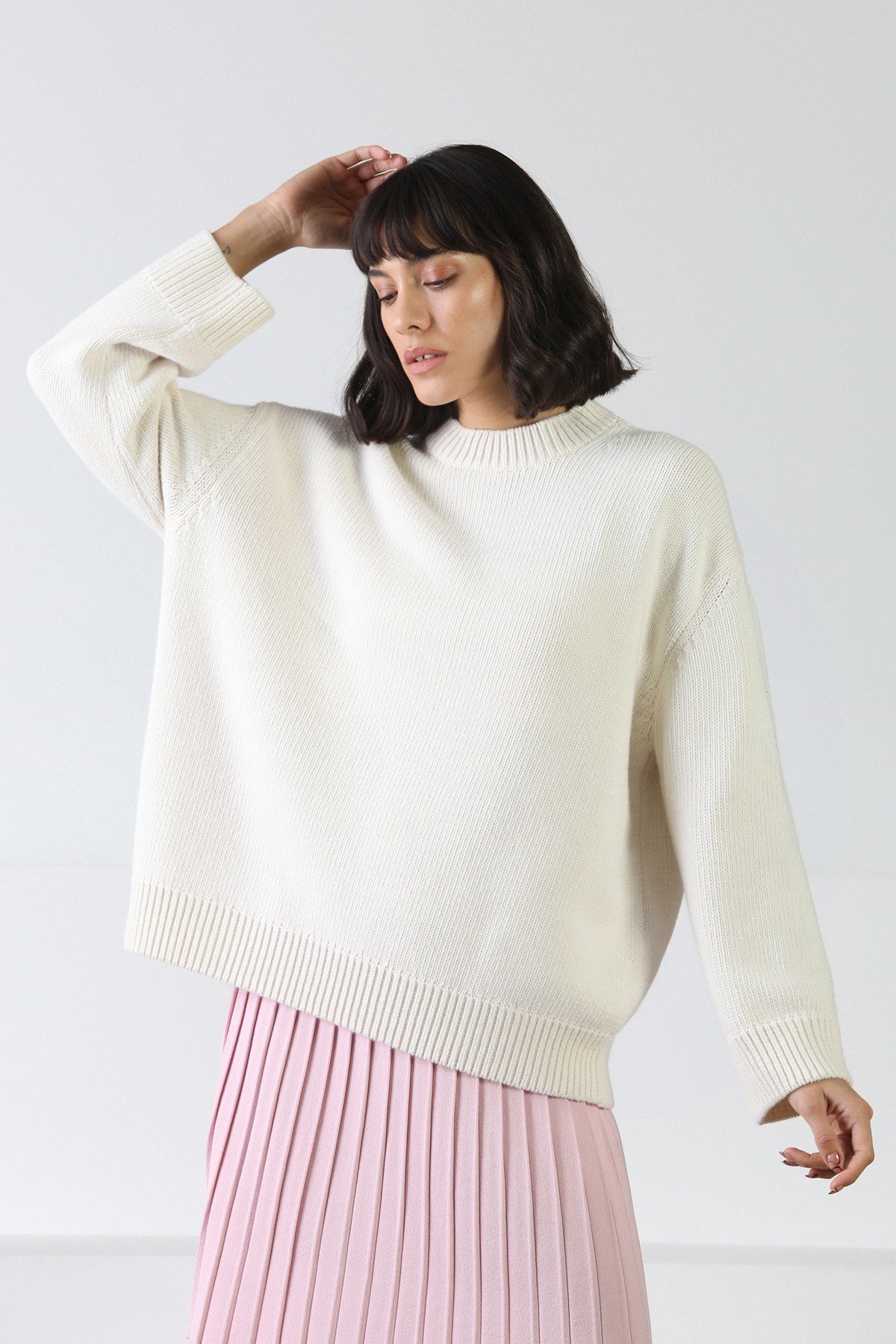 Ferraro Ekru Uzun Kollu Bisiklet Yaka Kaşmirli Kadın Triko Kazak