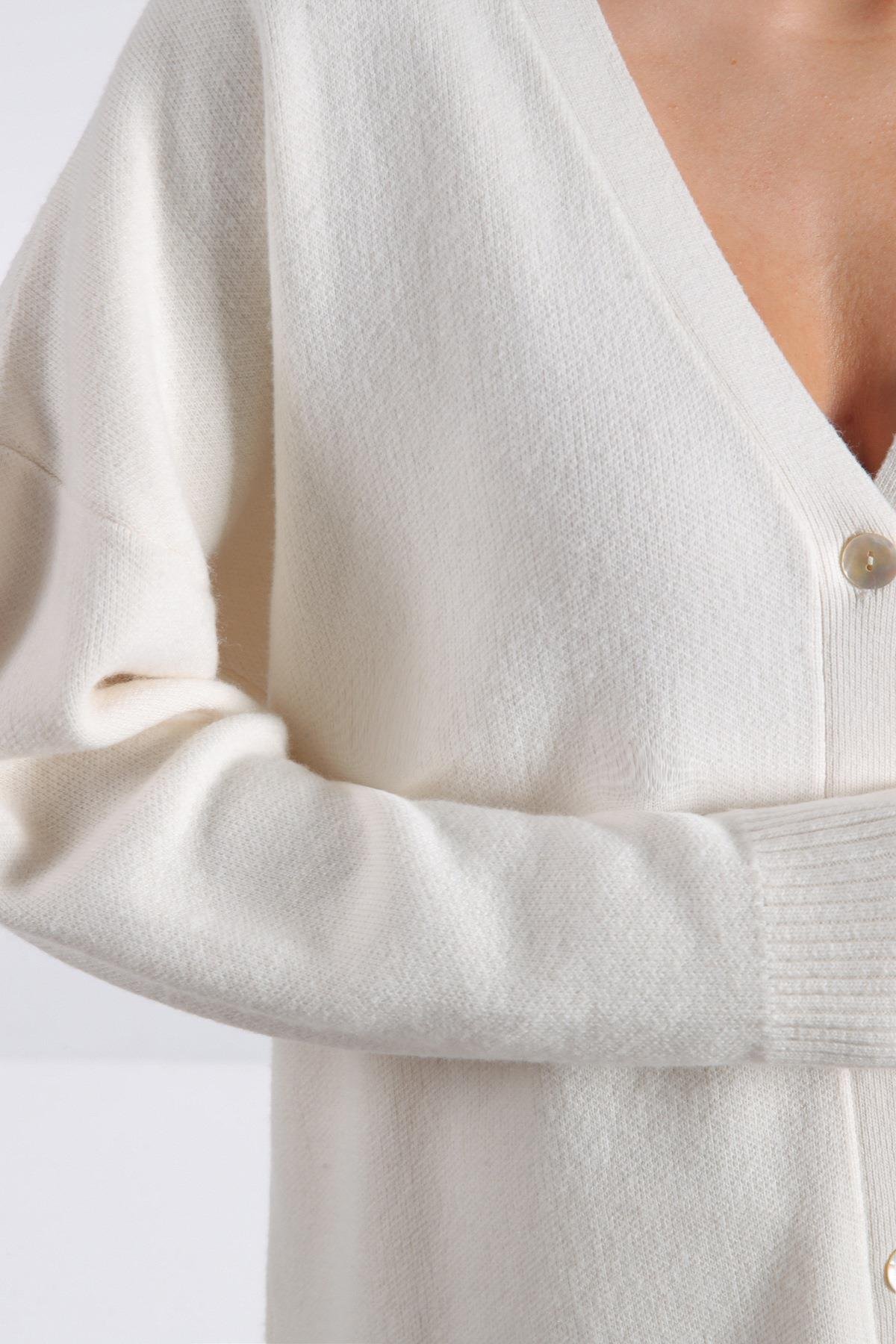 Ferraro Ekru Uzun Kollu Ceket Yaka Kaşmirli Kadın Triko Ceket