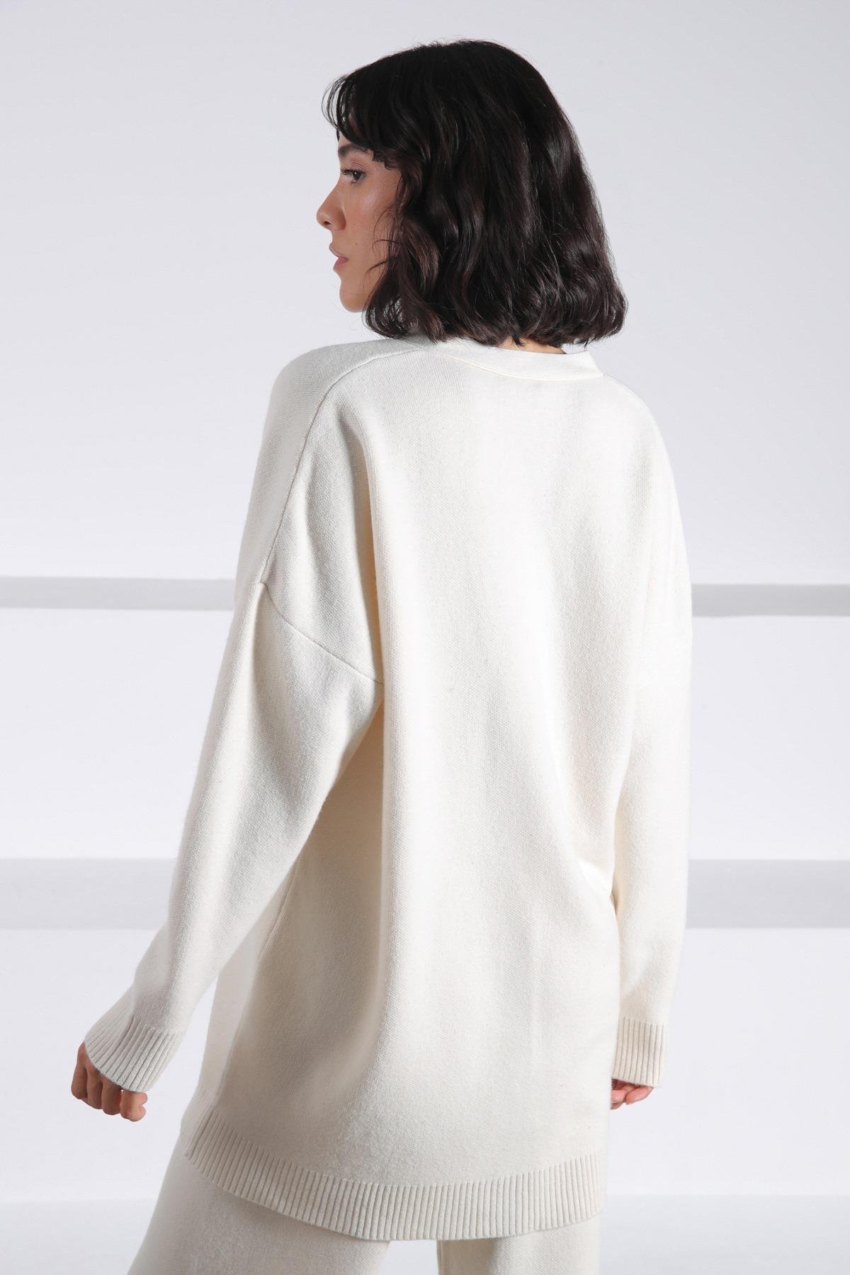 Ferraro Ekru Uzun Kollu Ceket Yaka Kaşmirli Kadın Triko Ceket