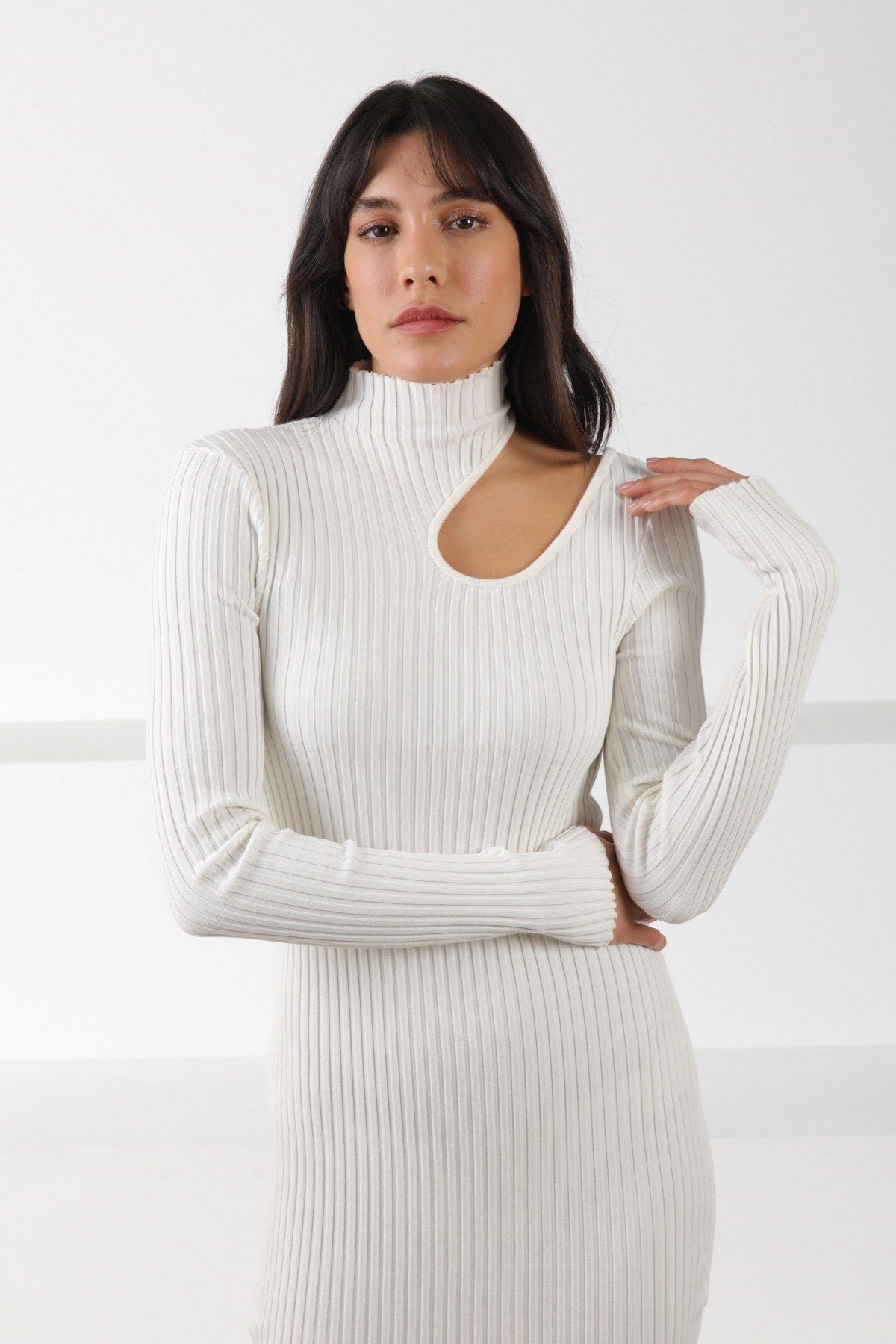 Ferraro Ekru Uzun Kollu Kadın Triko Elbise