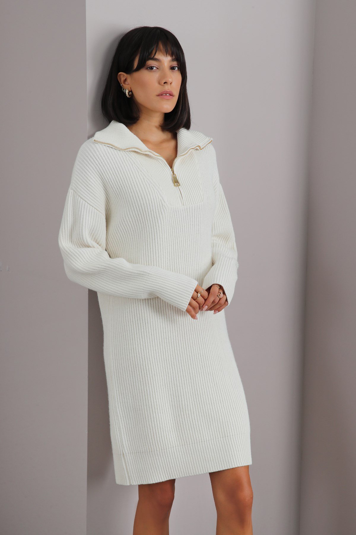 Ferraro Ekru Uzun Kollu Kaşmirli Kadın Triko Elbise