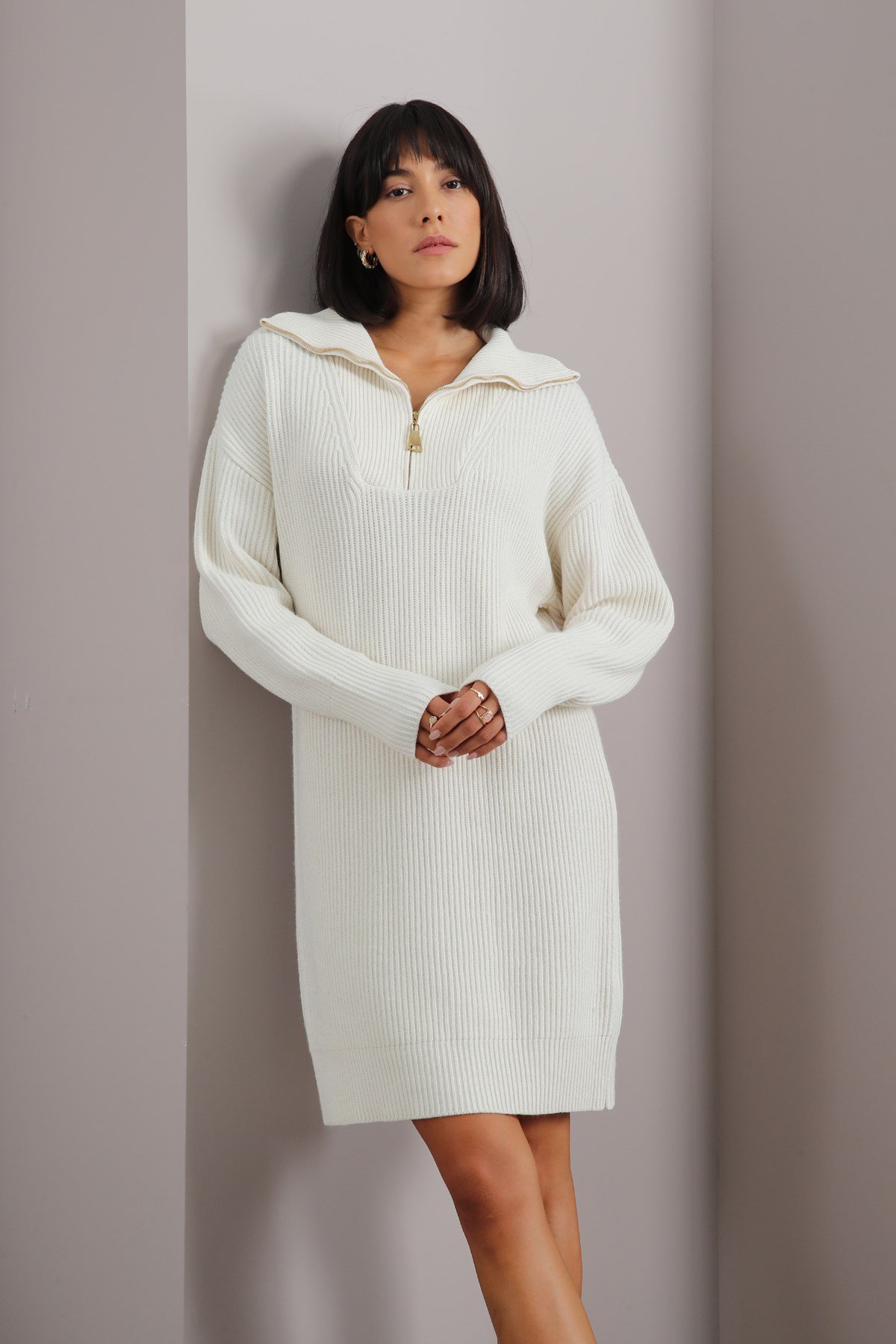 Ferraro Ekru Uzun Kollu Kaşmirli Kadın Triko Elbise