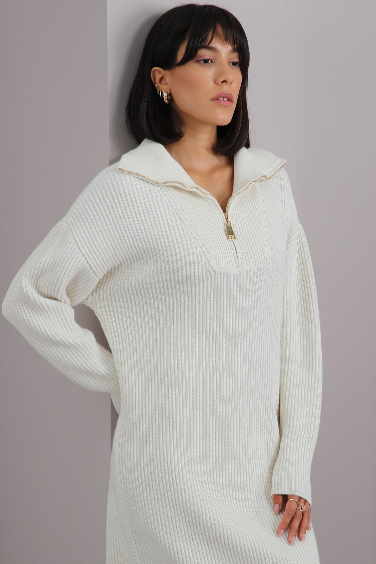 Ferraro Ekru Uzun Kollu Kaşmirli Kadın Triko Elbise