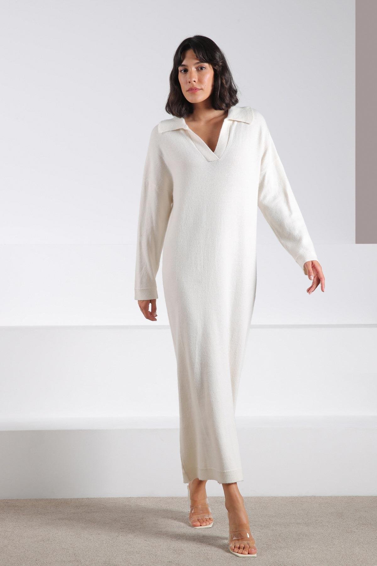 Ferraro Ekru Uzun Kollu Polo Yaka Kadın Triko Elbise