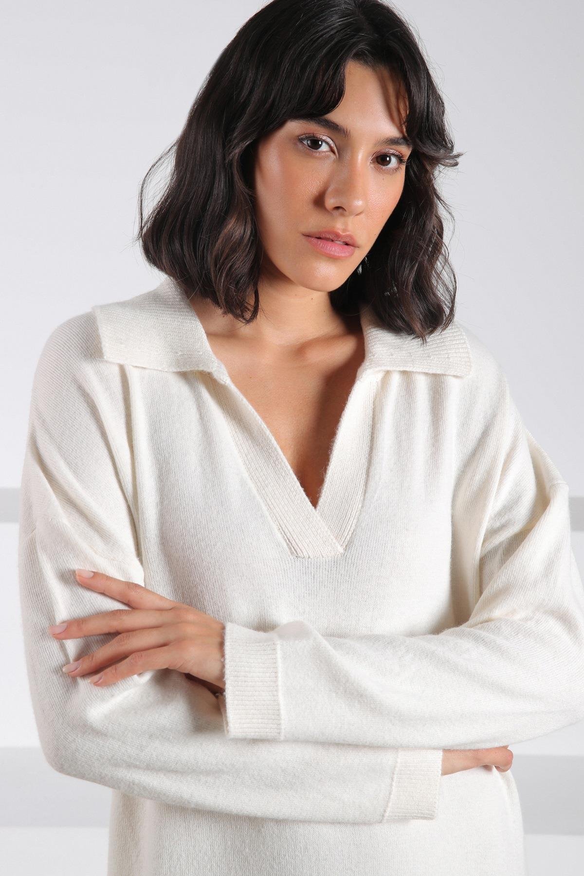 Ferraro Ekru Uzun Kollu Polo Yaka Kadın Triko Elbise