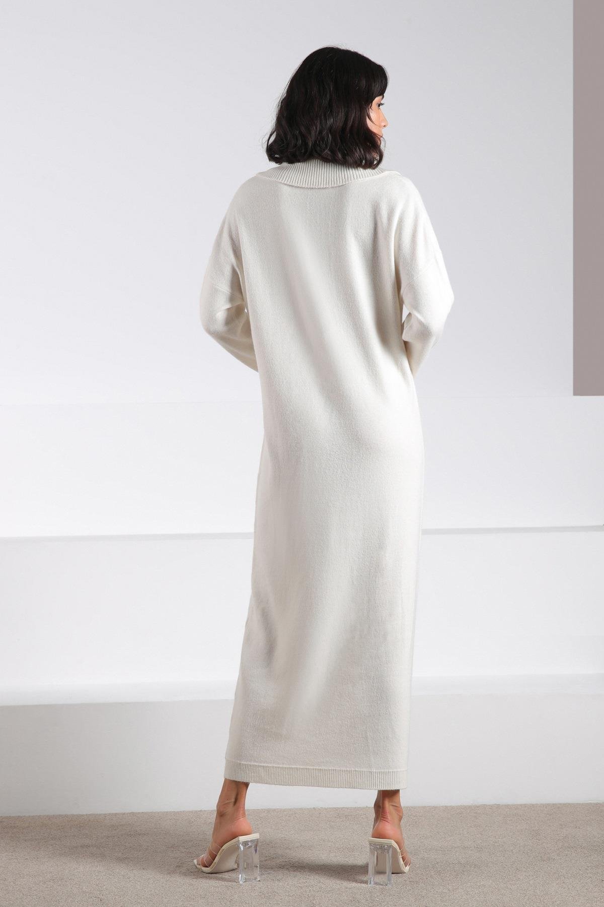 Ferraro Ekru Uzun Kollu Polo Yaka Kadın Triko Elbise