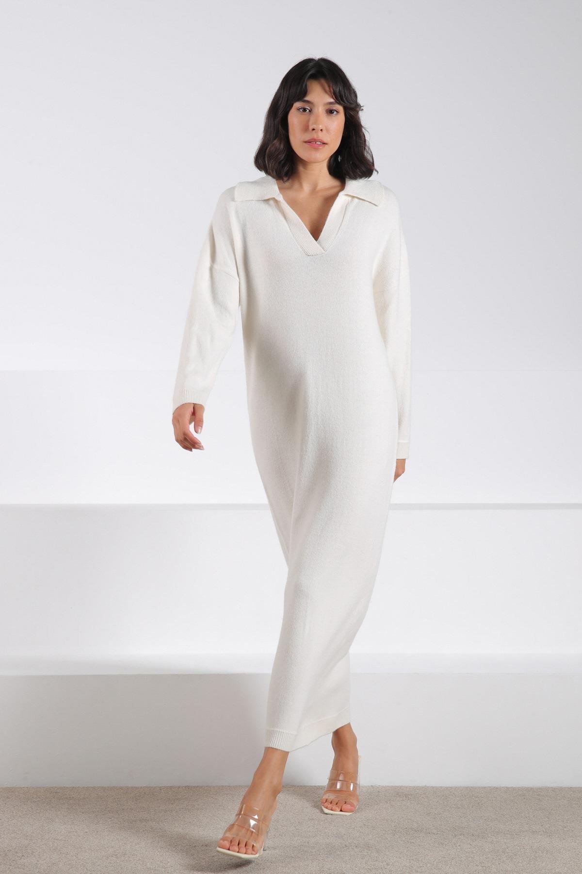 Ferraro Ekru Uzun Kollu Polo Yaka Kadın Triko Elbise