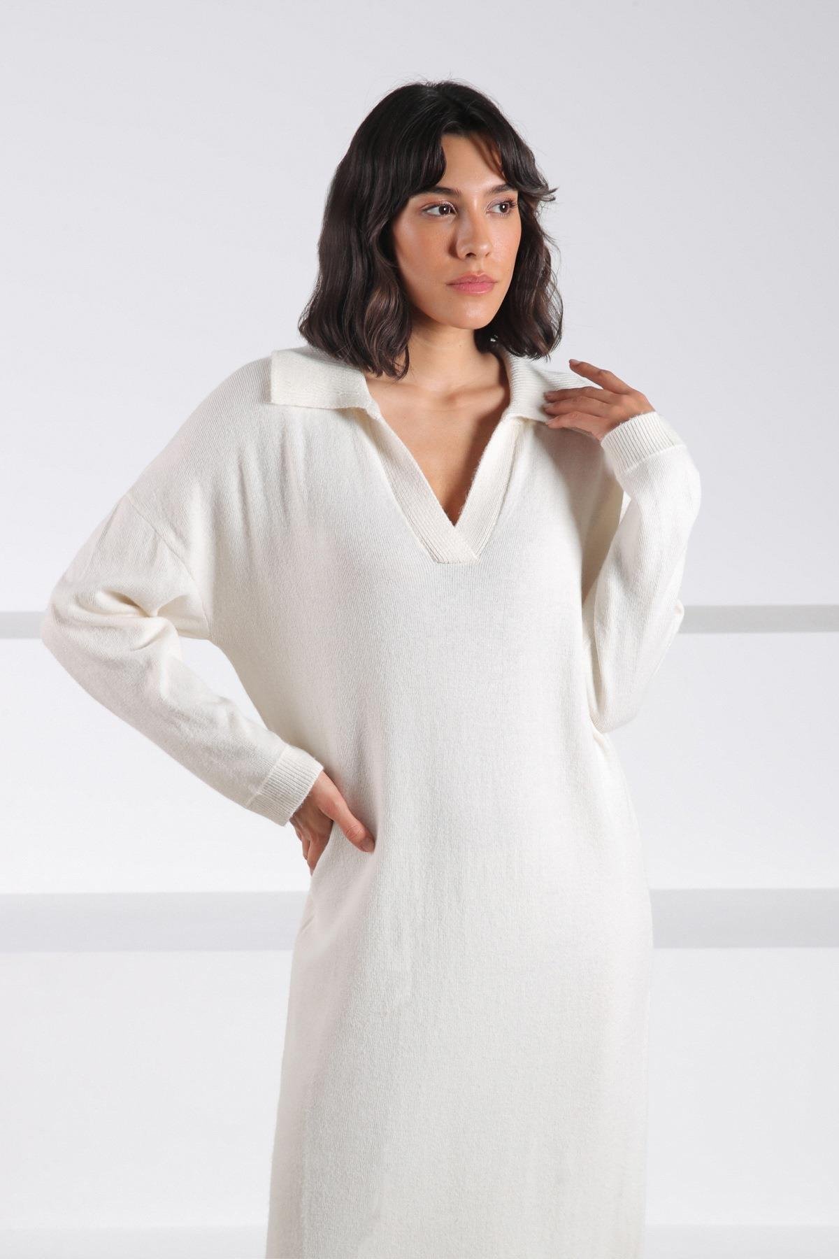 Ferraro Ekru Uzun Kollu Polo Yaka Kadın Triko Elbise