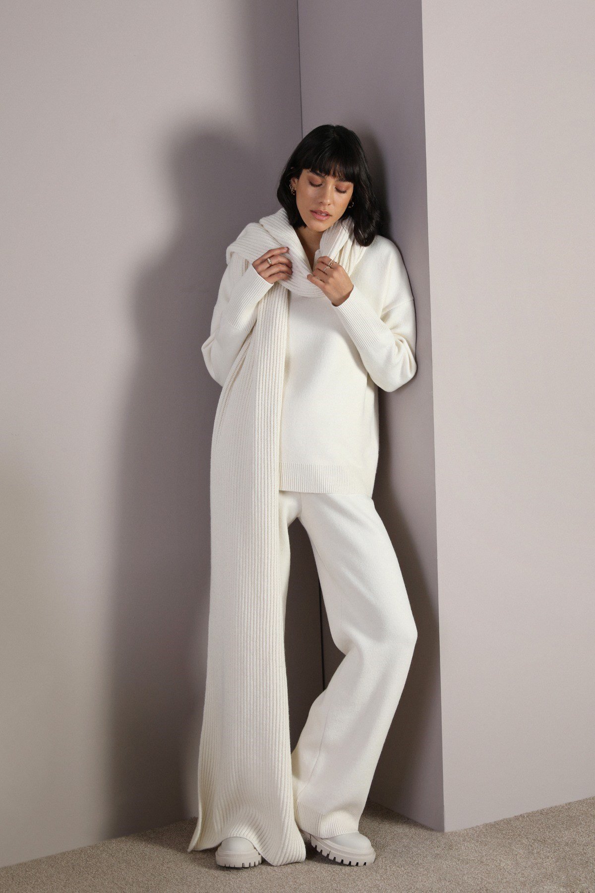 Ferraro Ekru Uzun Kollu Polo Yaka Kaşmirli Kadın Triko Kazak