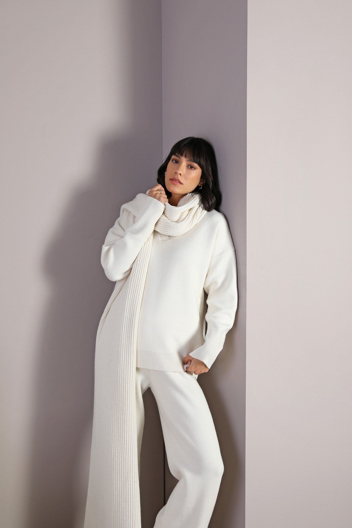 Ferraro Ekru Uzun Kollu Polo Yaka Kaşmirli Kadın Triko Kazak