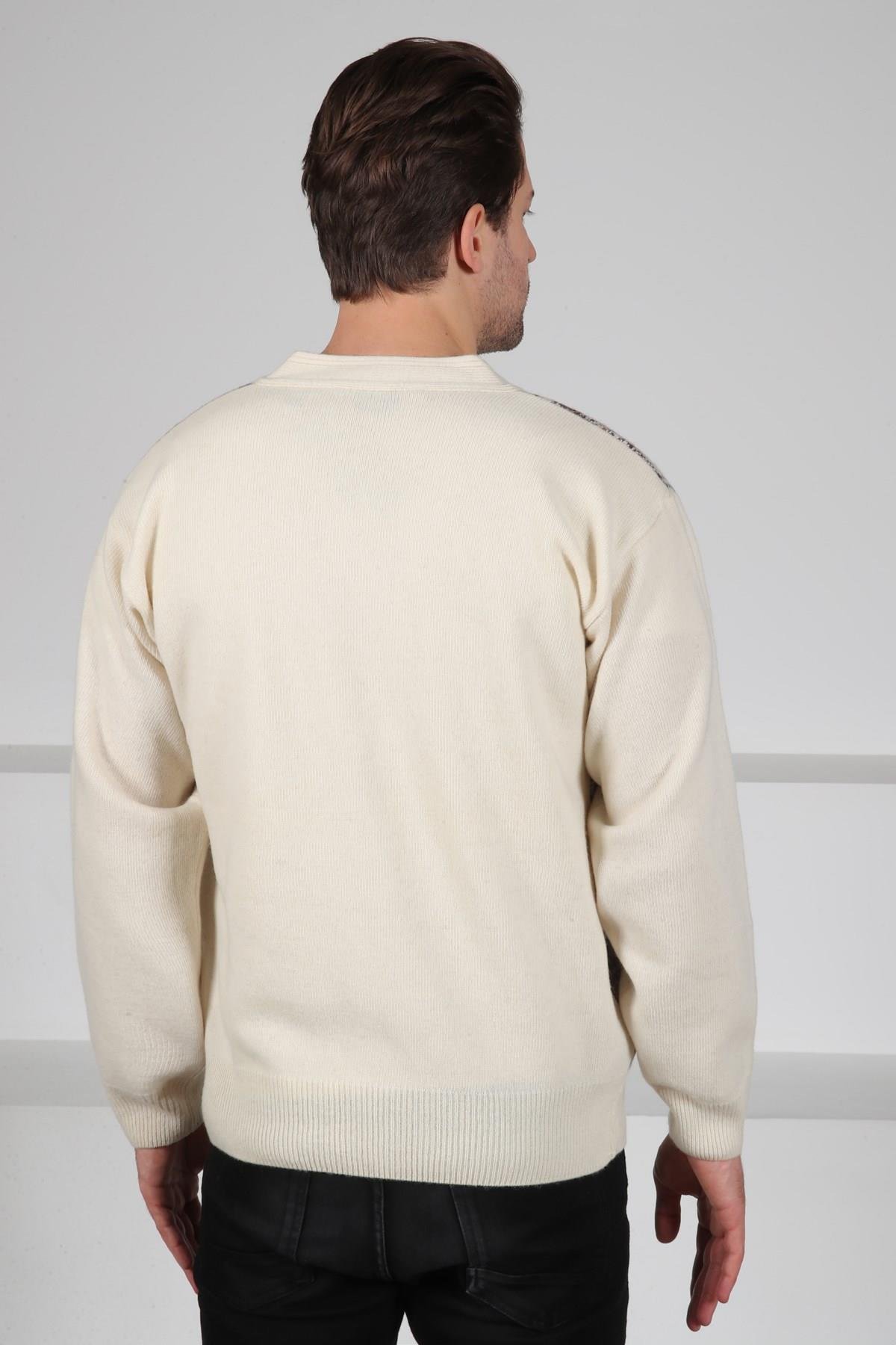 Ferraro Ekru V Yaka Düğmeli Önü Çizgili Uzun Kollu Kuzu Yünü Karışımlı Erkek Triko Ceket