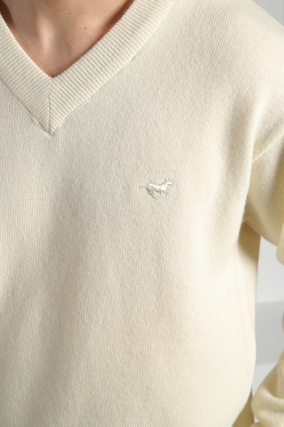 Ferraro Ekru V Yaka Erkek Uzun Kollu %100 Kuzu Yünü Triko Kazak