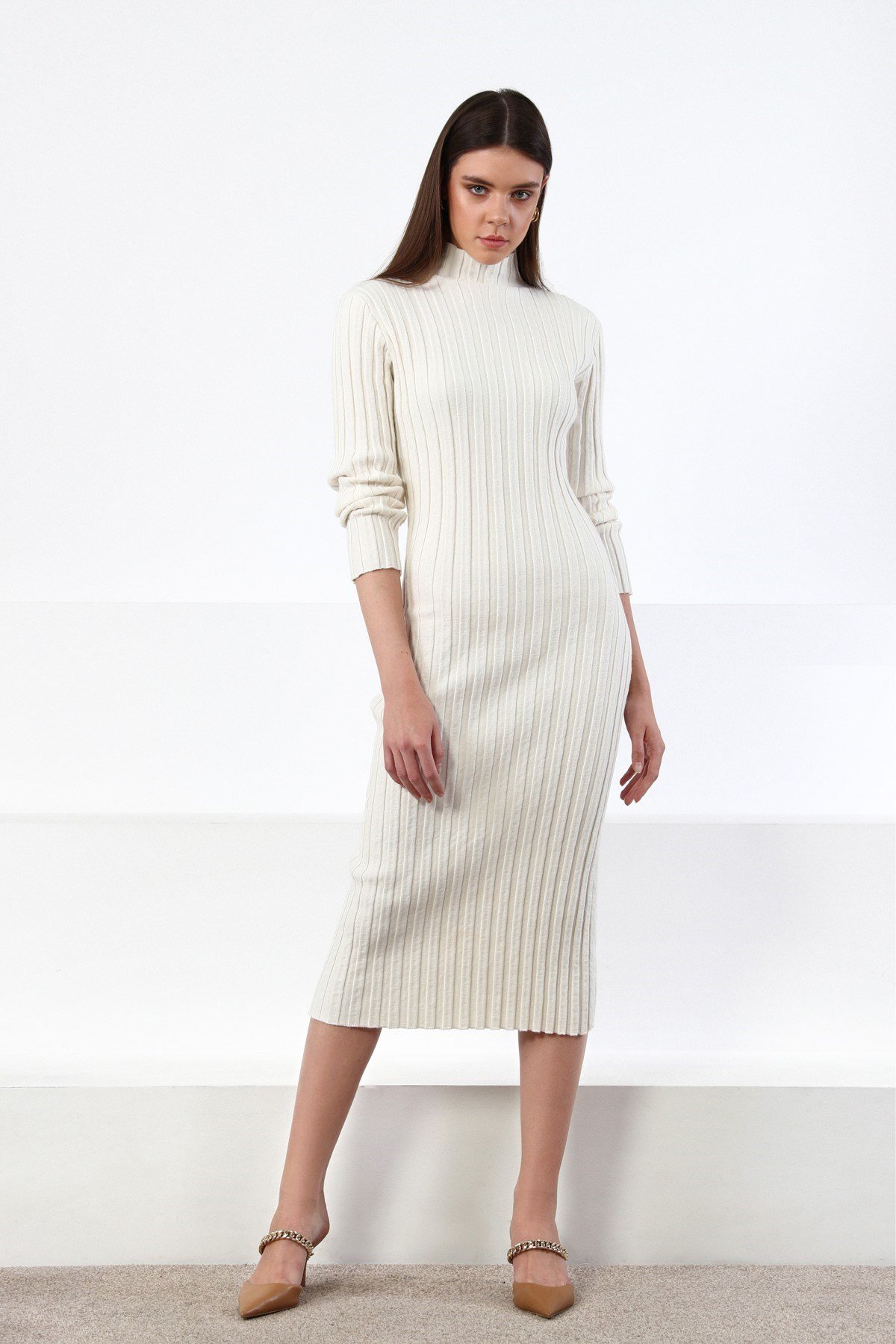 Ferraro Ekru Yarım Balıkçı Fitilli Midi Boy Kaşmirli Kadın Triko Elbise