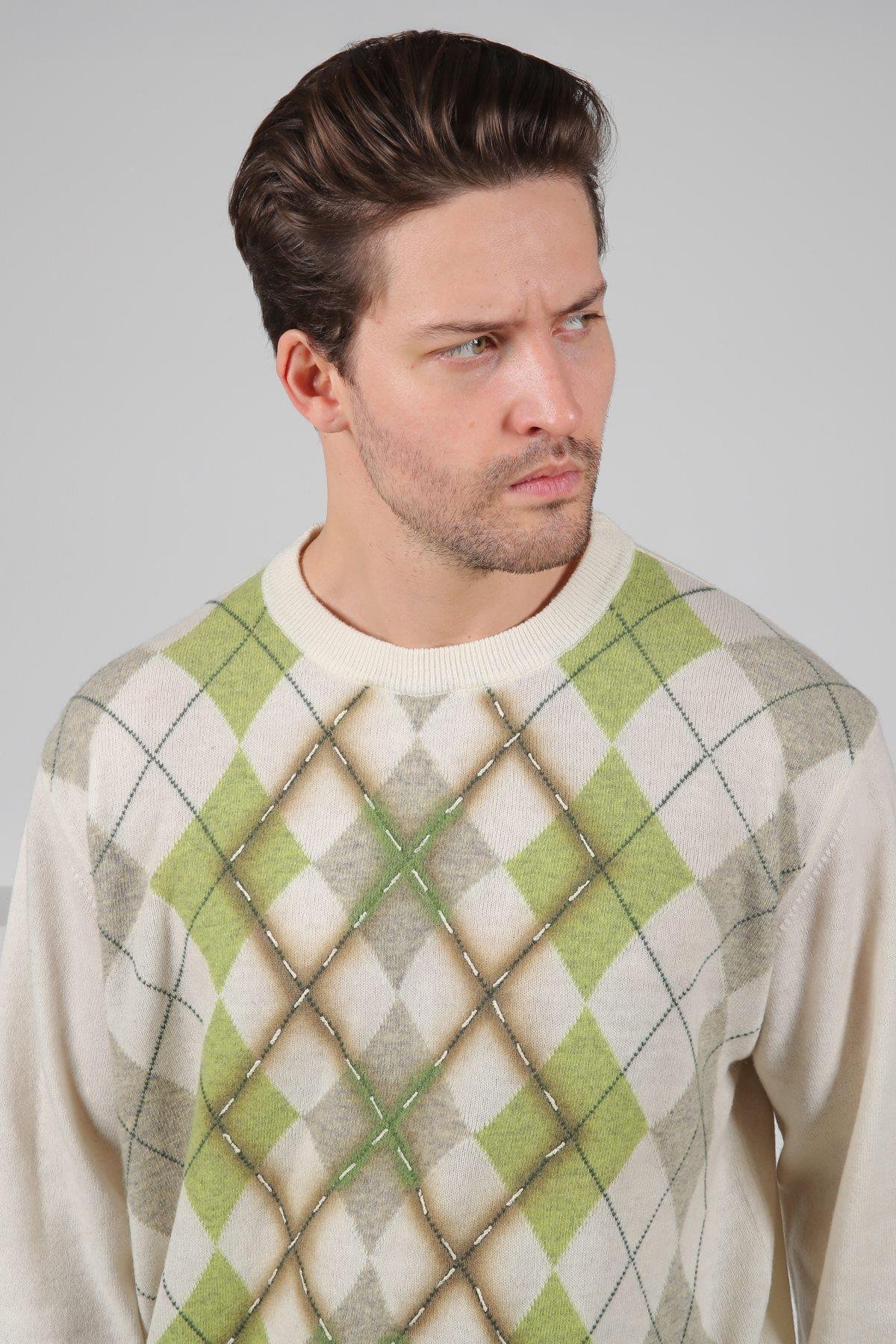 Ferraro Ekru/A.Gri Bisiklet Yaka Baklava Desenli Uzun Kollu Yünlü Erkek Triko Kazak