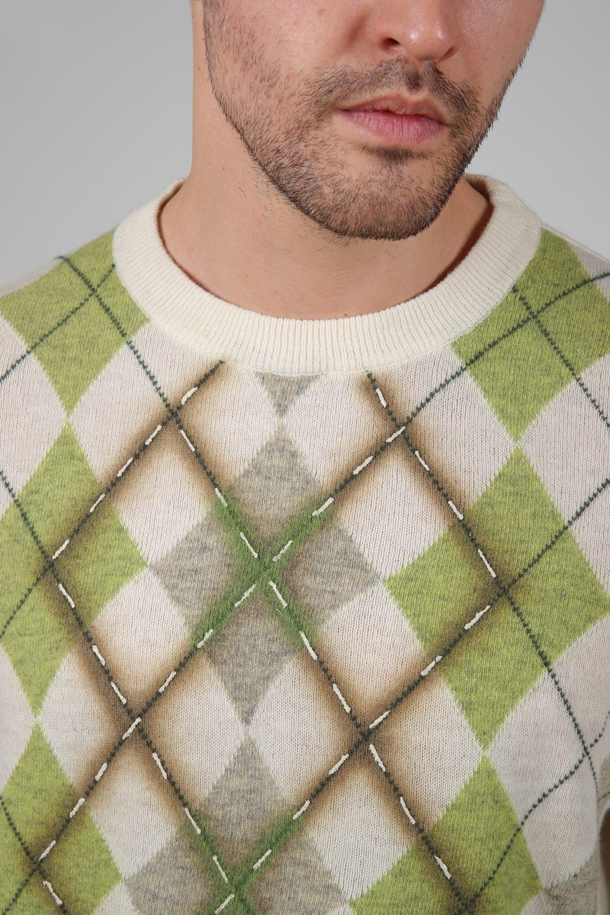 Ferraro Ekru/A.Gri Bisiklet Yaka Baklava Desenli Uzun Kollu Yünlü Erkek Triko Kazak